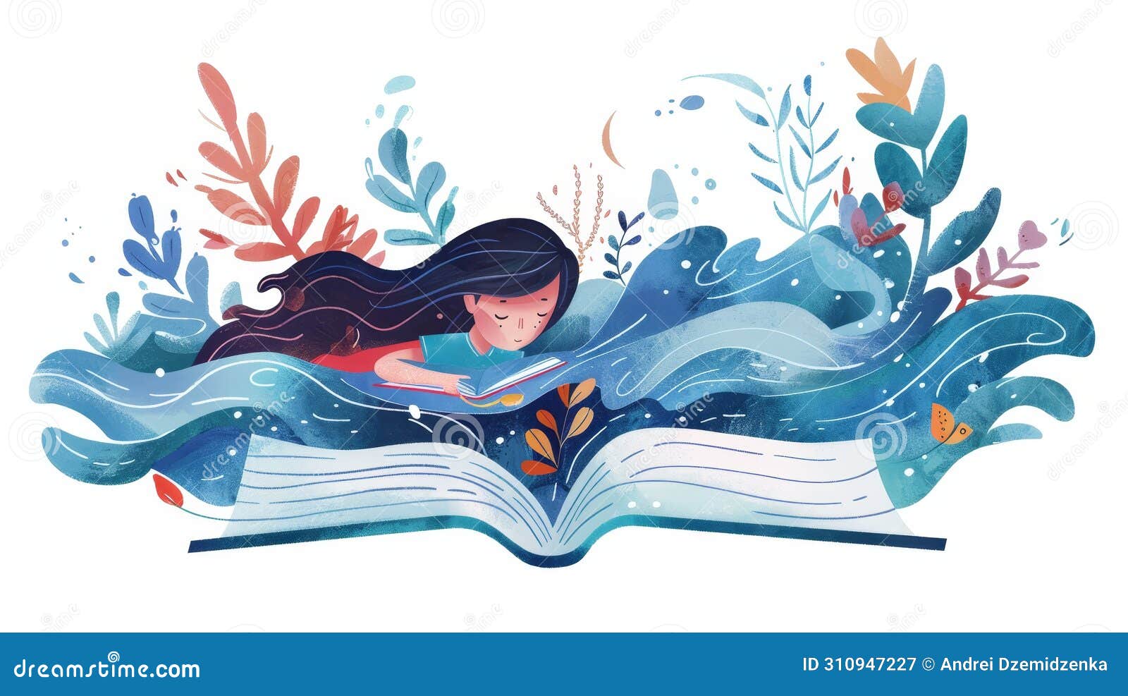 bookworm, reader swimming in fantasy water on pages, imagination concept. tiny character, bibliophile. flat graphic