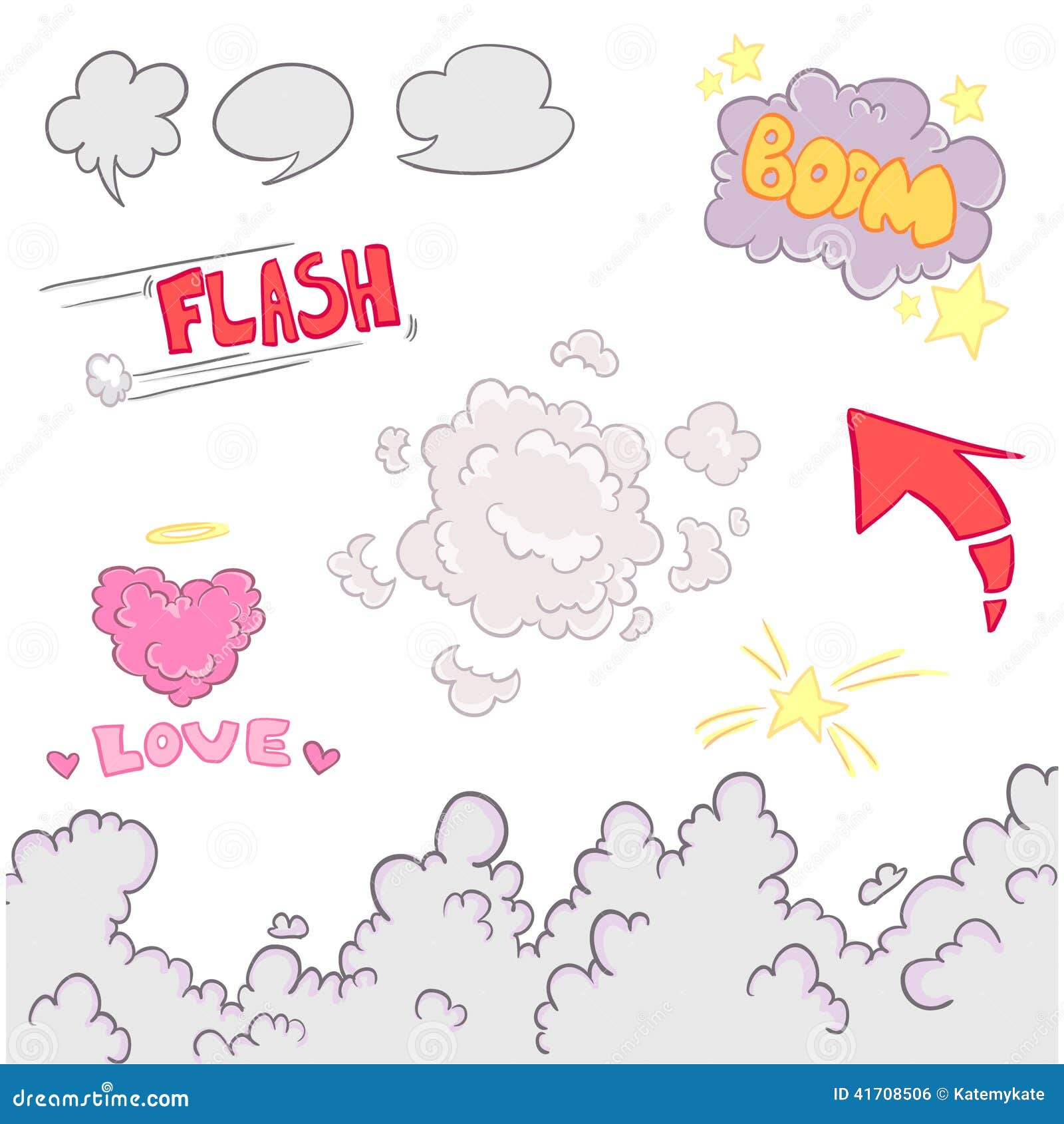 Boom. Comic book elements set.Vector. Hand Draw illustration of comics elements. Love, Flash, Boom.