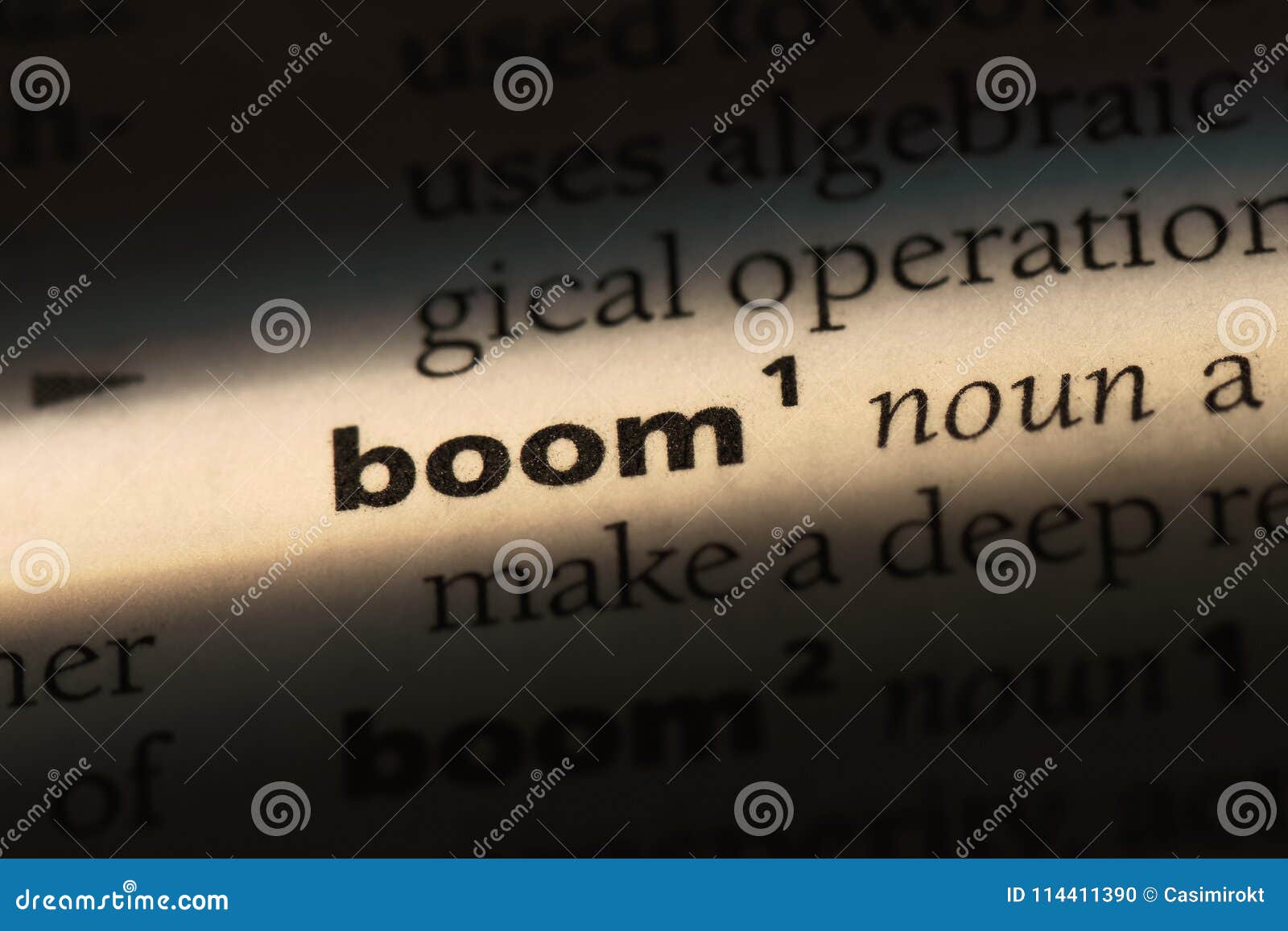 Boom stock photo. Image of closeup, printed, paper, word 114411390