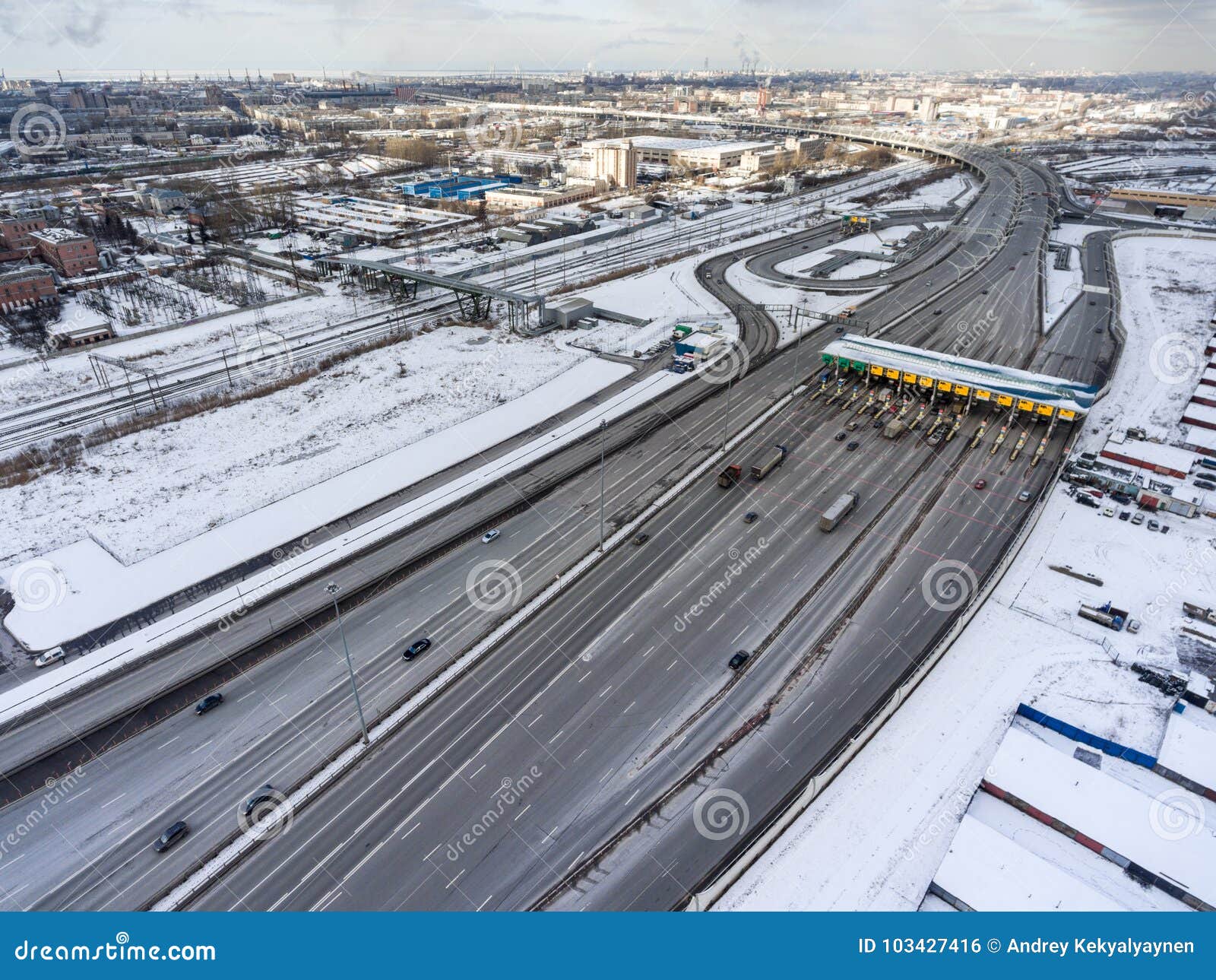 booths to collect fees are in western high-speed diameter whsd. the kubinskaya street. st petersburg, russia. aerial view from d