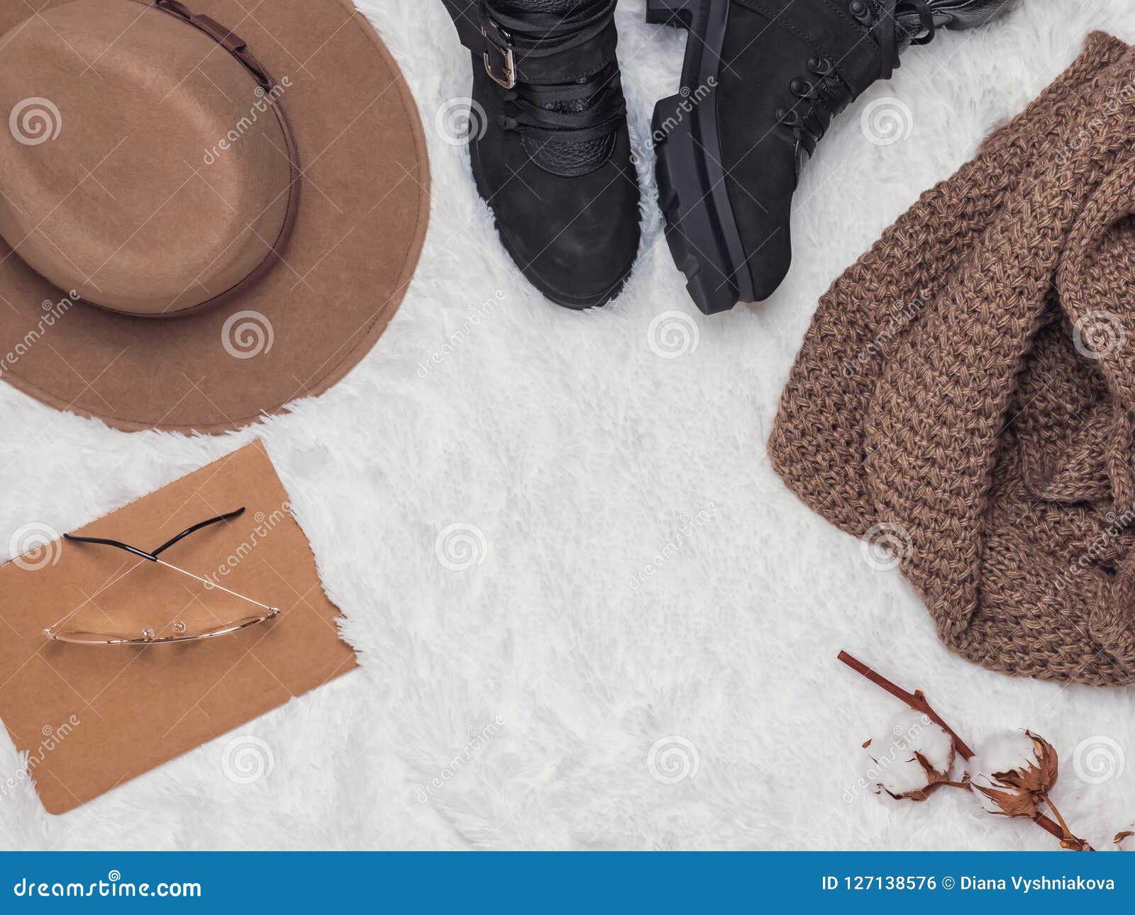 Boots , Hat and Warm Knitted Scarf Top View Stock Photo - Image of ...