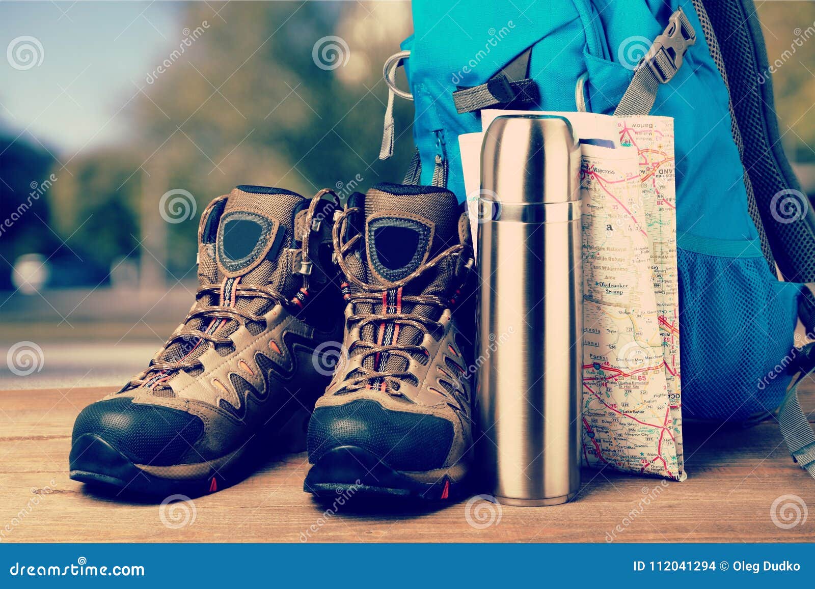 Hiking Boots, Compass and Map on Background Stock Photo Image of road