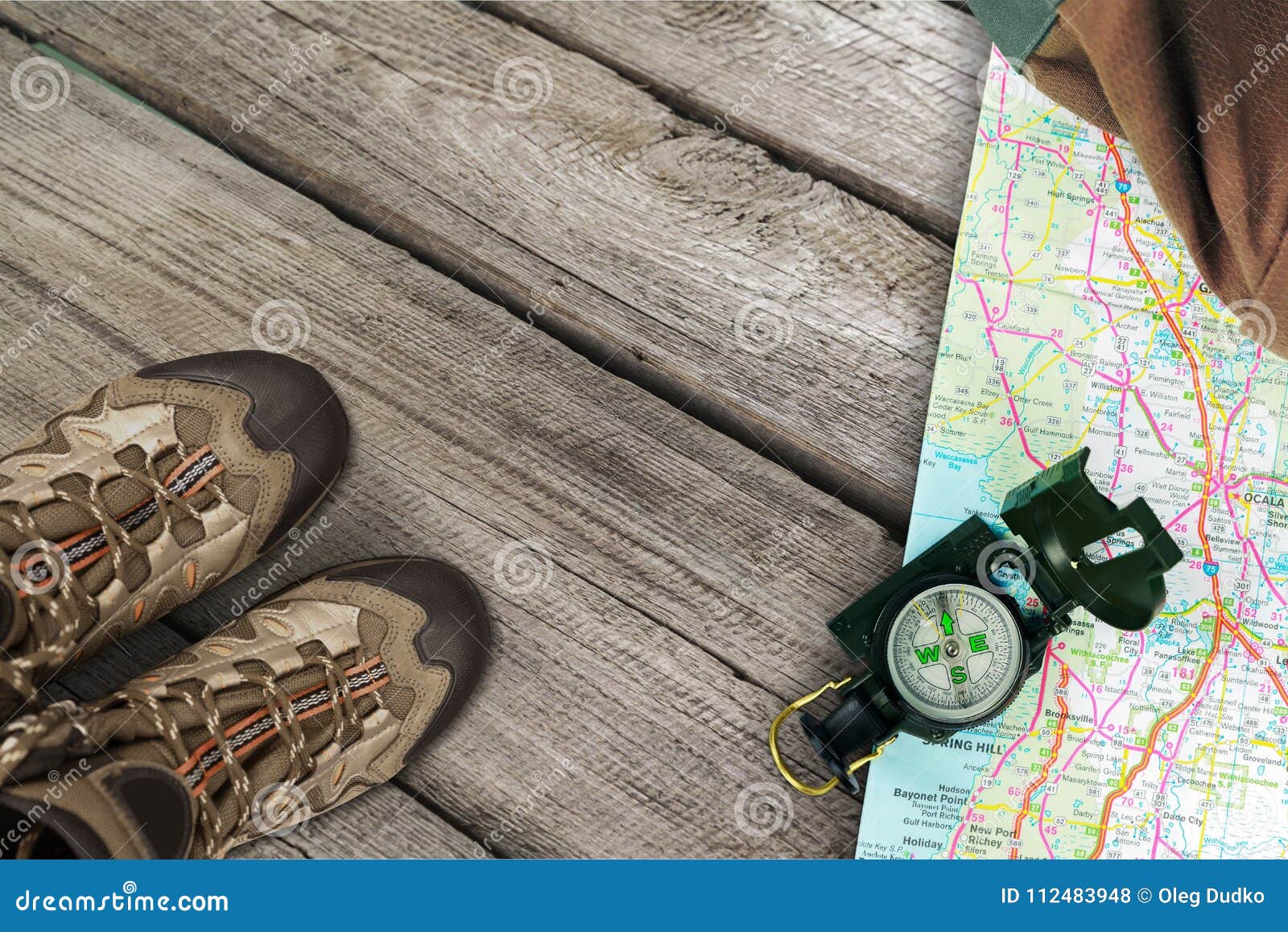 Hiking Boots, Compass and Map on Background Stock Photo Image of