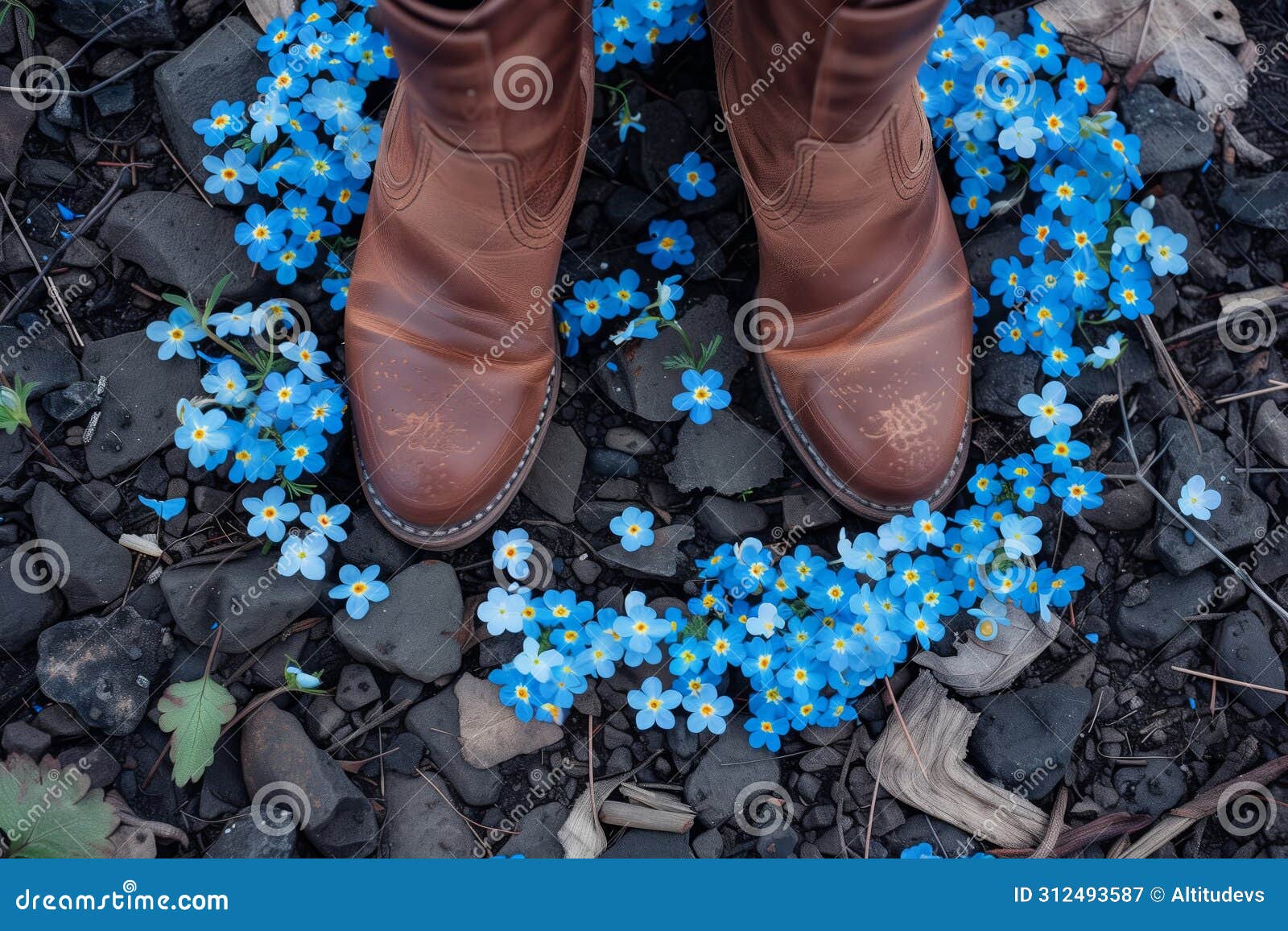 boots standing with a circle of forgetmenots