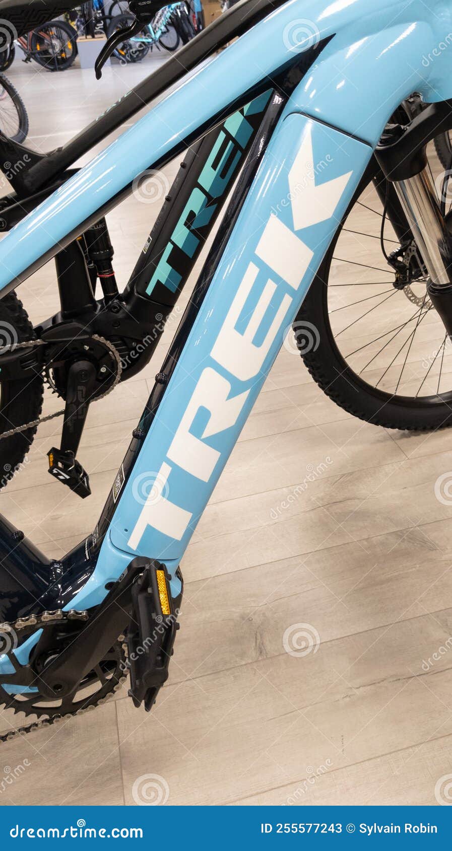 Trek Bicycle Brand Name Sign and Logo Text on Bike for Sale in Shop Editorial Stock Photo