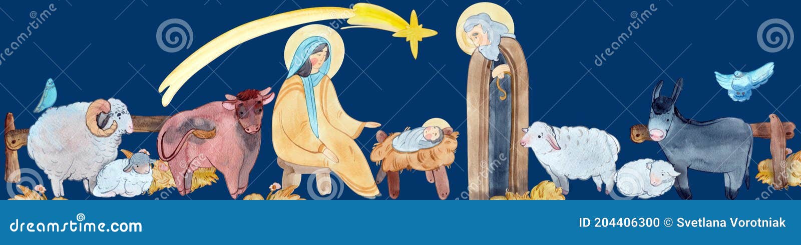 border of christian nativity scene on blue background.