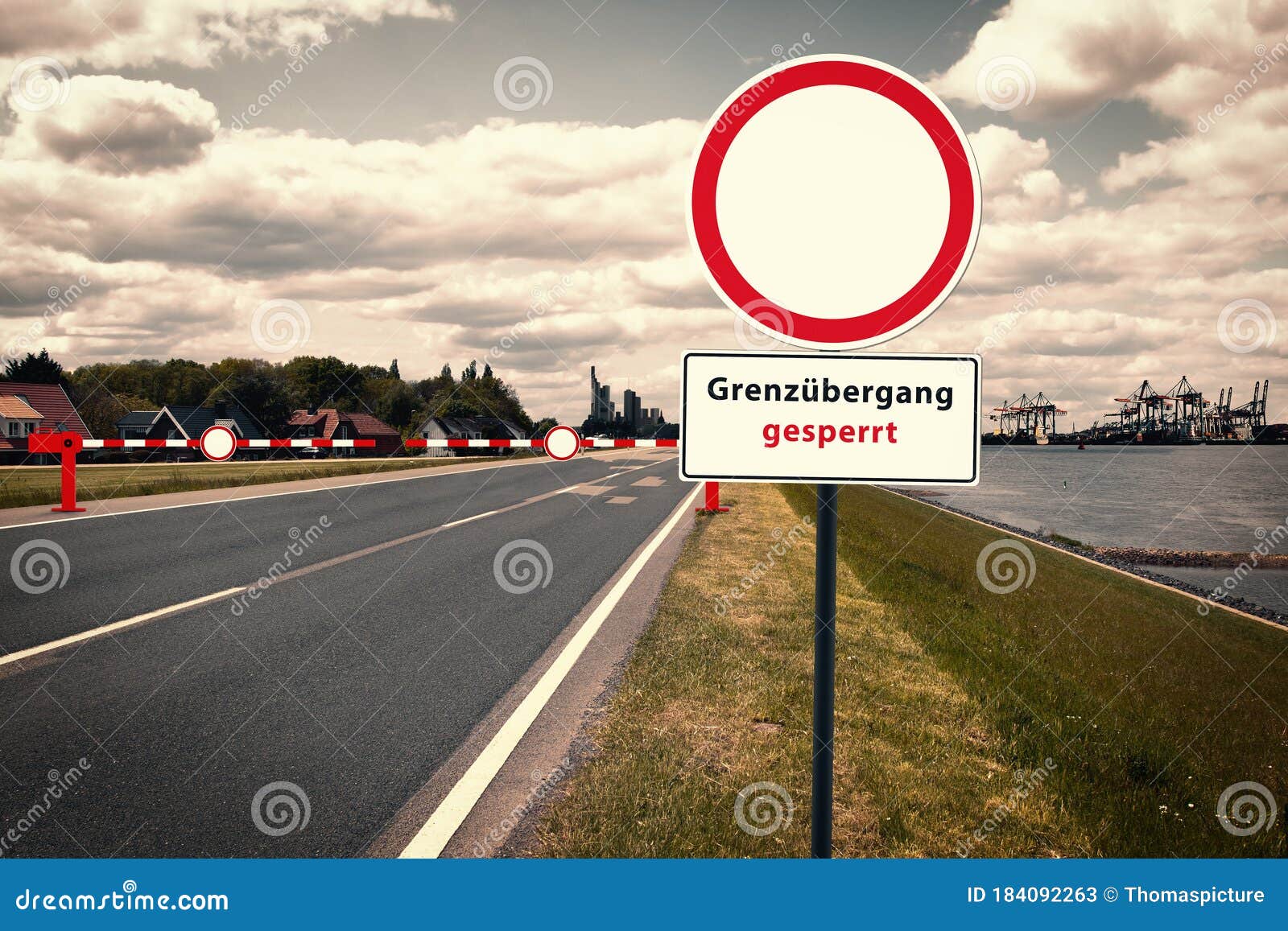 Border Crossing Grenzubergang Gesperrt In Front Of A Container Port In The Background A City Silhouette Stock Image Image Of Export Crossing