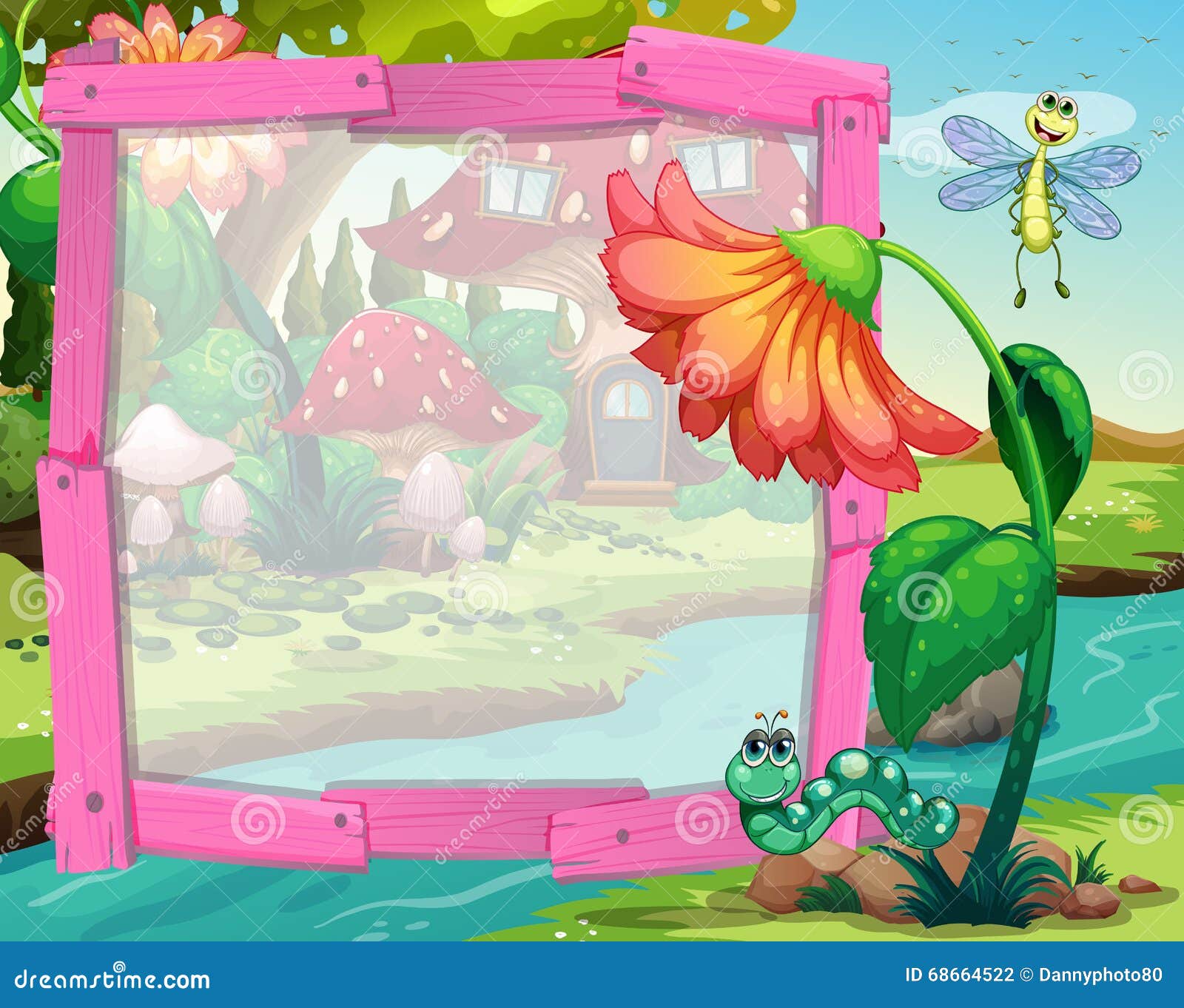 Nature Scene With Mushroom And River Cartoon Vector Cartoondealer Com 73357213
