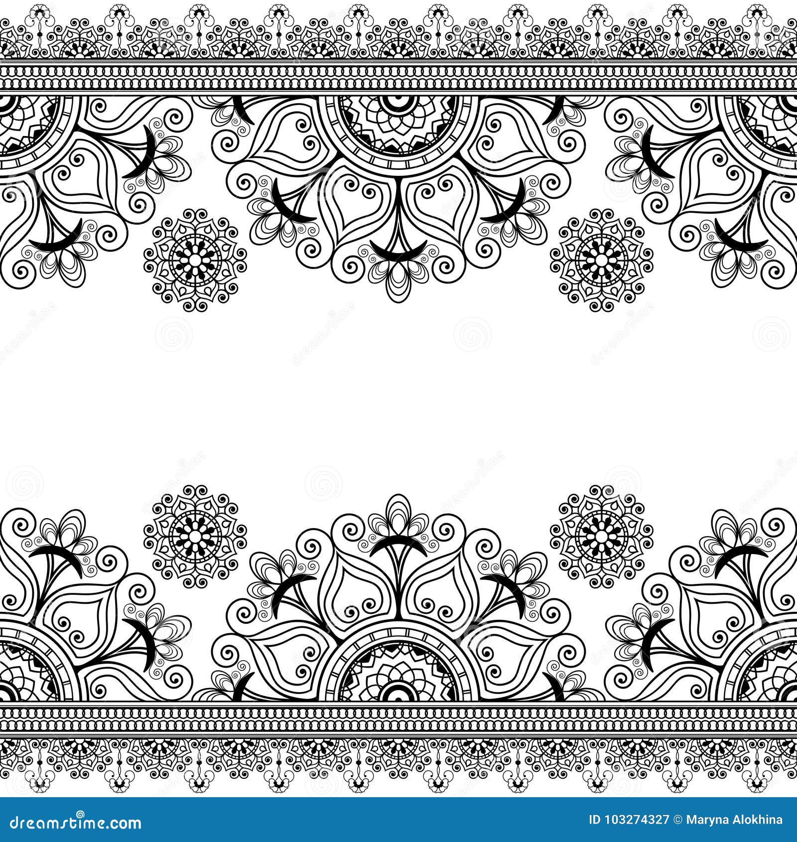 Border Lace Line Element with Flowers in Indian Mehndi Style for Cards ...