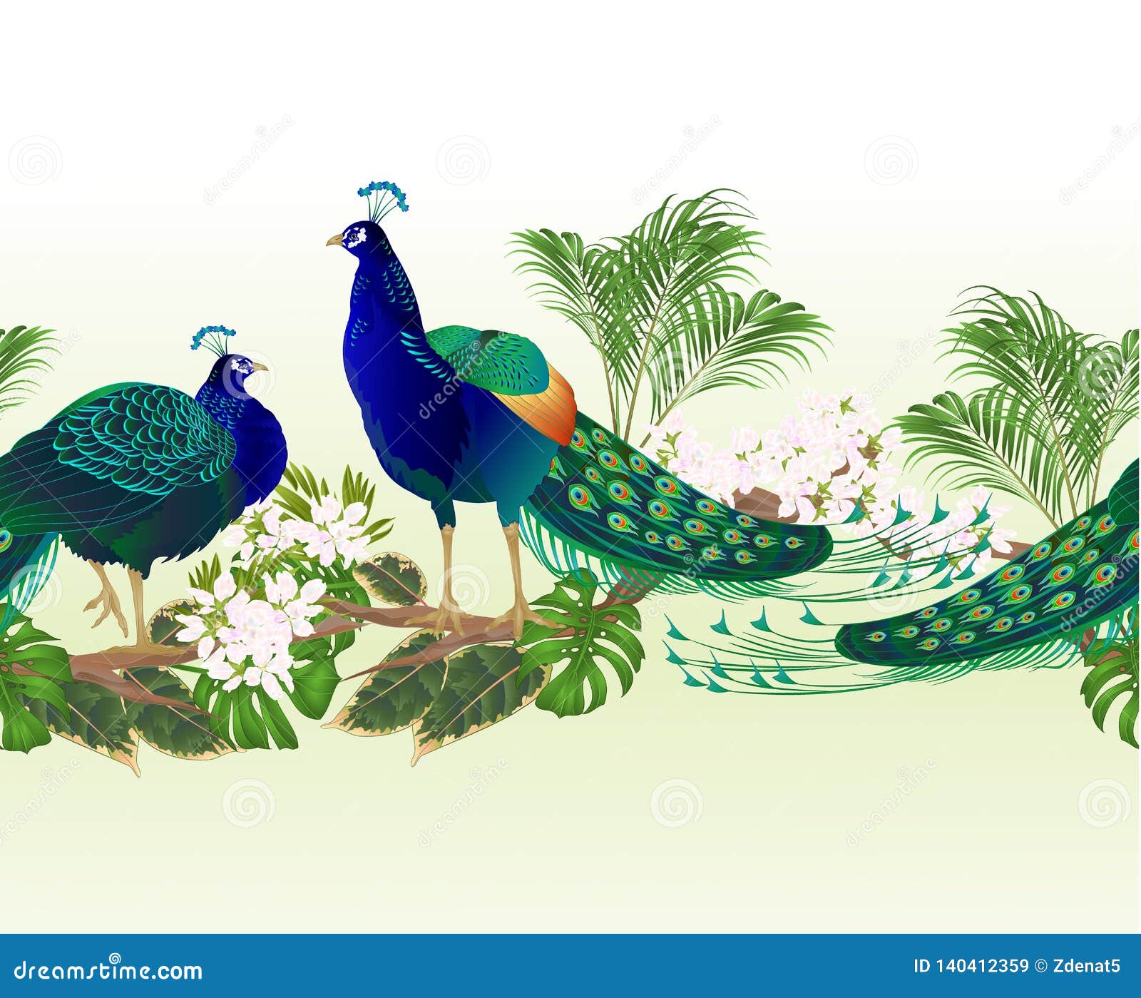 Border Seamless Background Peacocks Beauty Exotic Birds And Tropical Flowers Watercolor Vintage