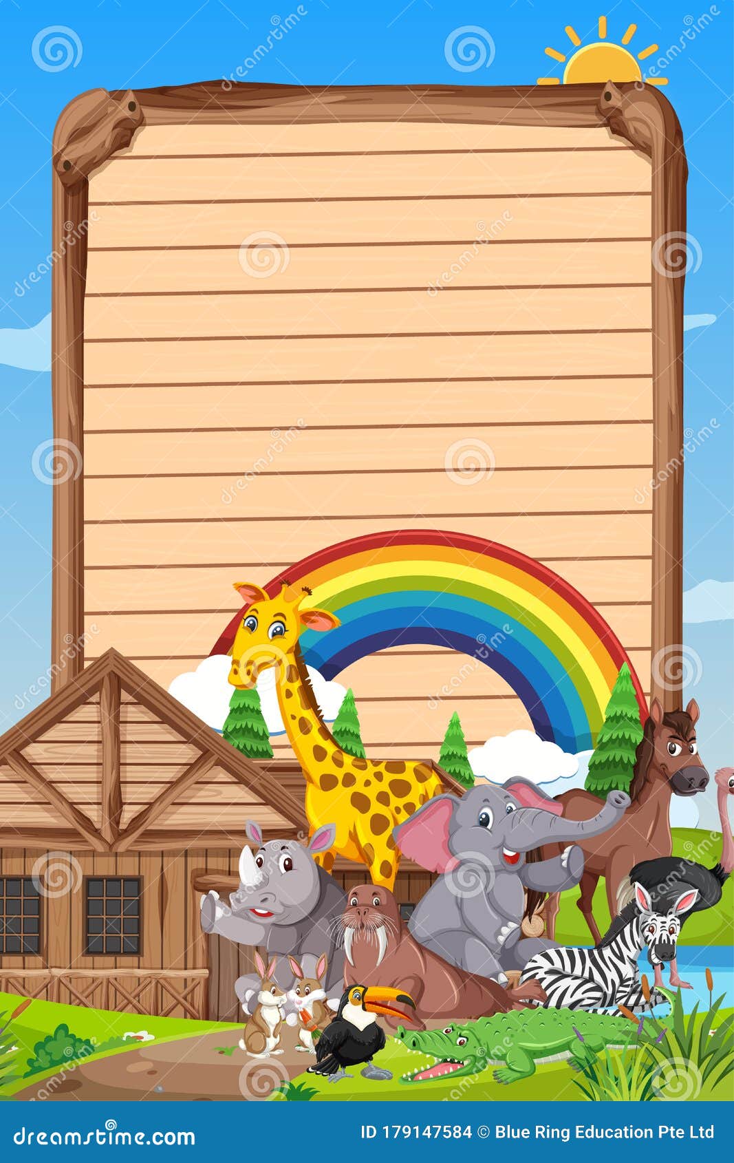 Border Template Design with Many Wild Animals in Background Stock