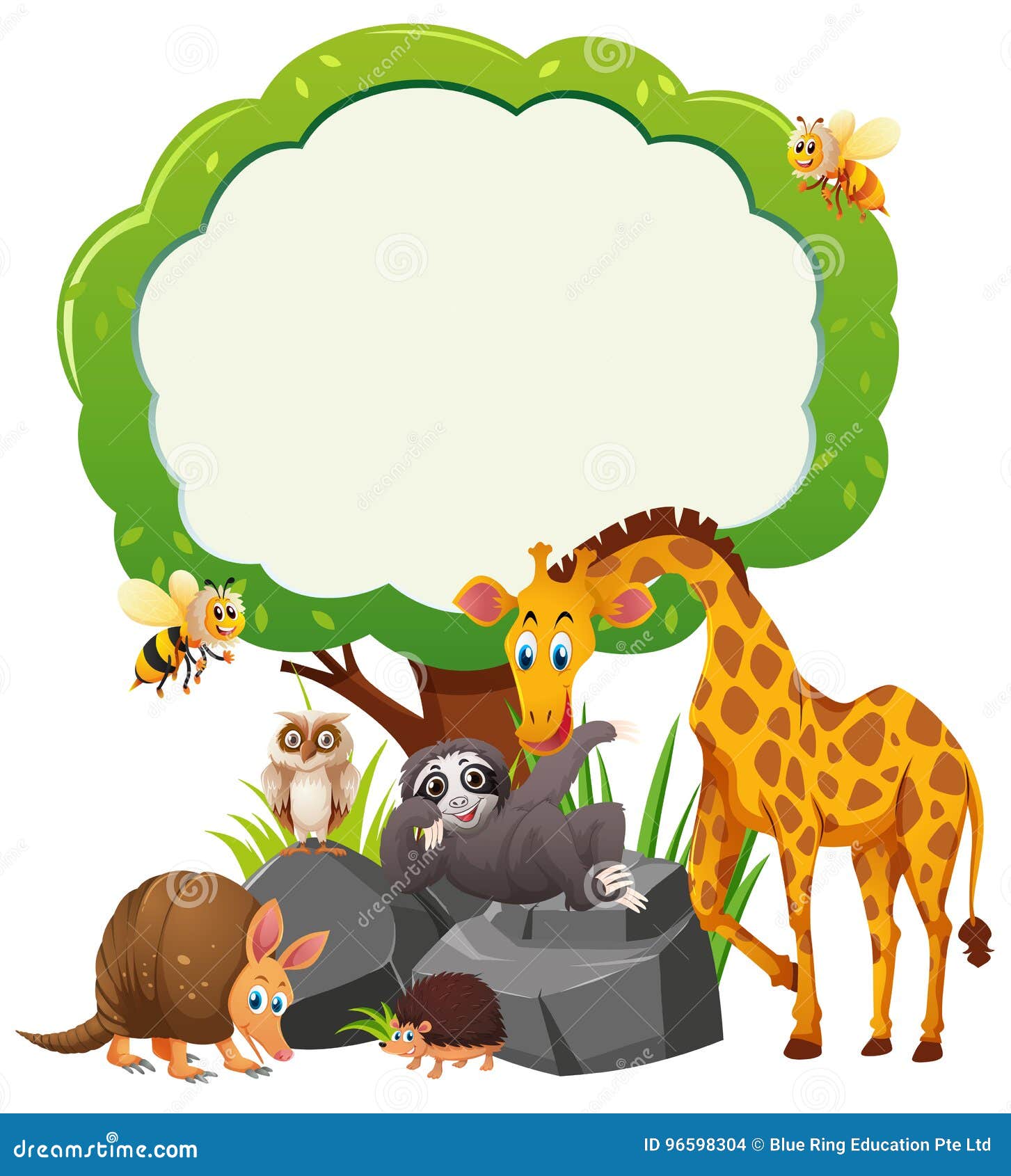 Border Template with Wild Animals Under the Tree Stock Vector