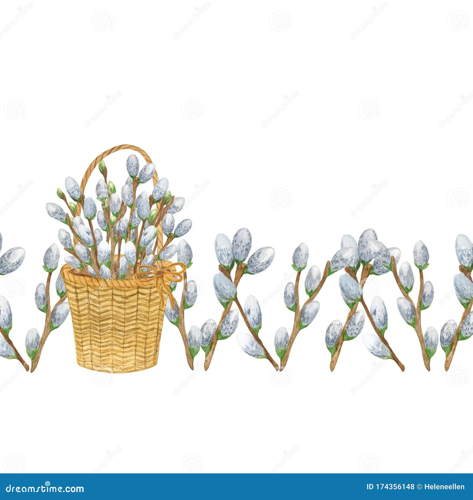 Repeat Pattern Horizontal Border of Willow Branches in a Wicker Basket