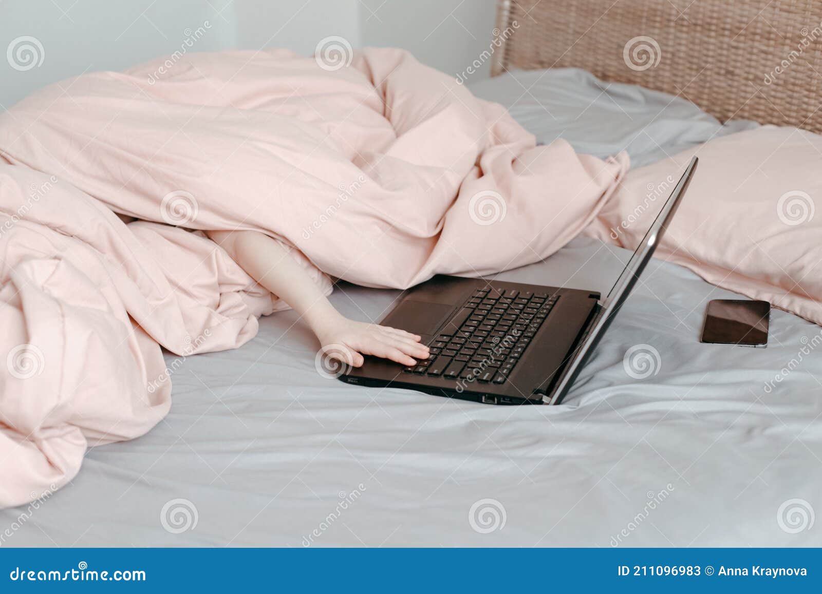 Bored Funny Child Lying in Bed Under Blanket and Learning in Virtual Online School  Class. Hands Typing on Computer Keyboard Stock Image - Image of call,  coronavirus: 211096983, image size:1600x1157