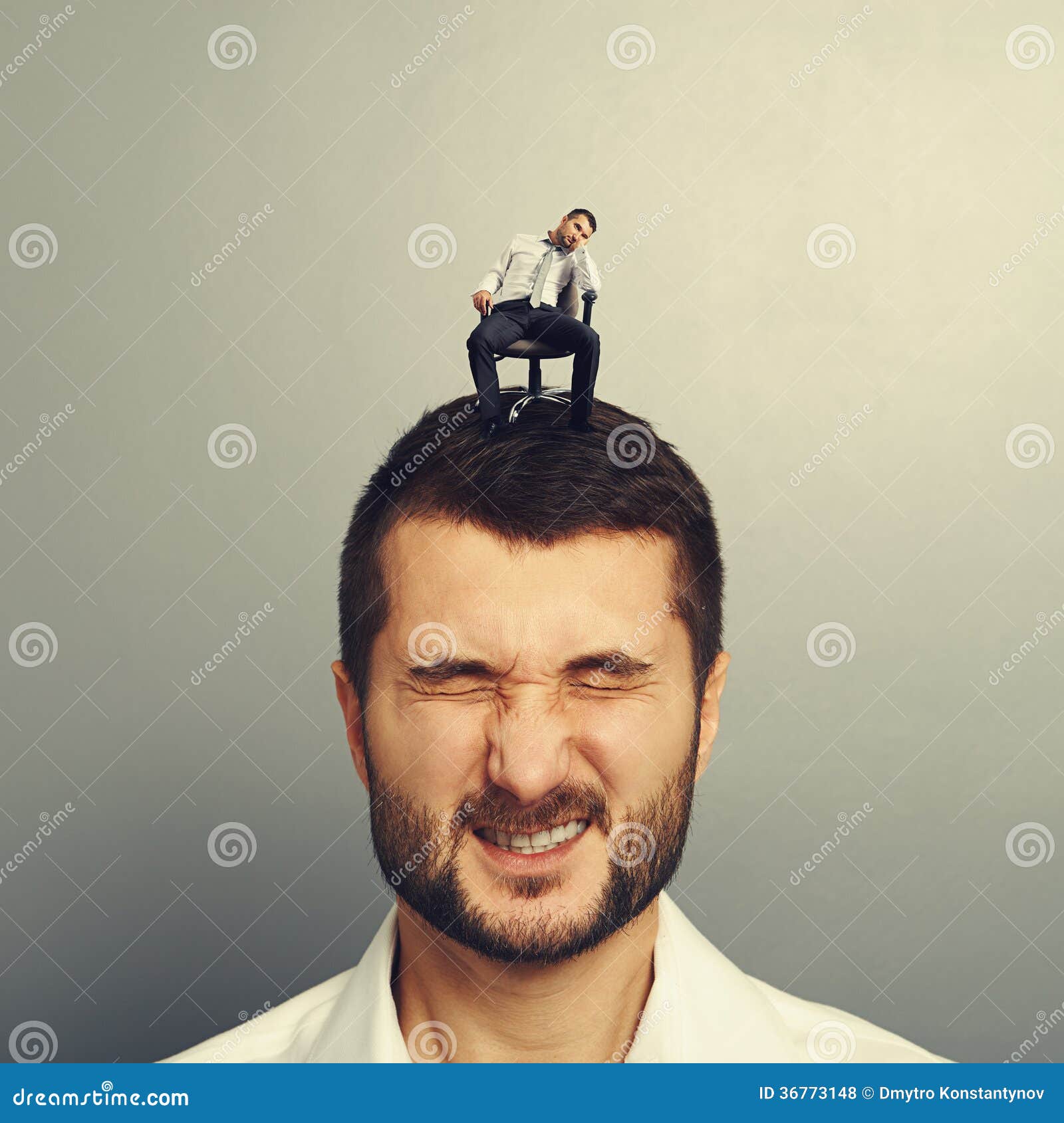 Bored Small Man Sitting on the Head Stock Photo Image of thought