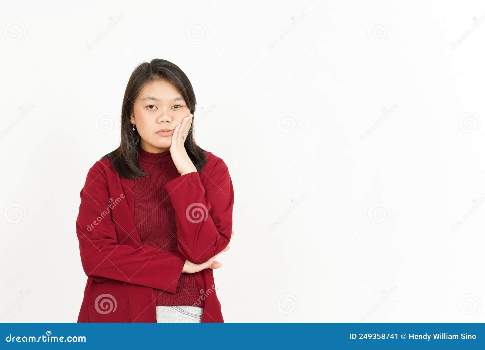 Boring Gesture of Beautiful Asian Woman Wearing Red Shirt Isolated on ...