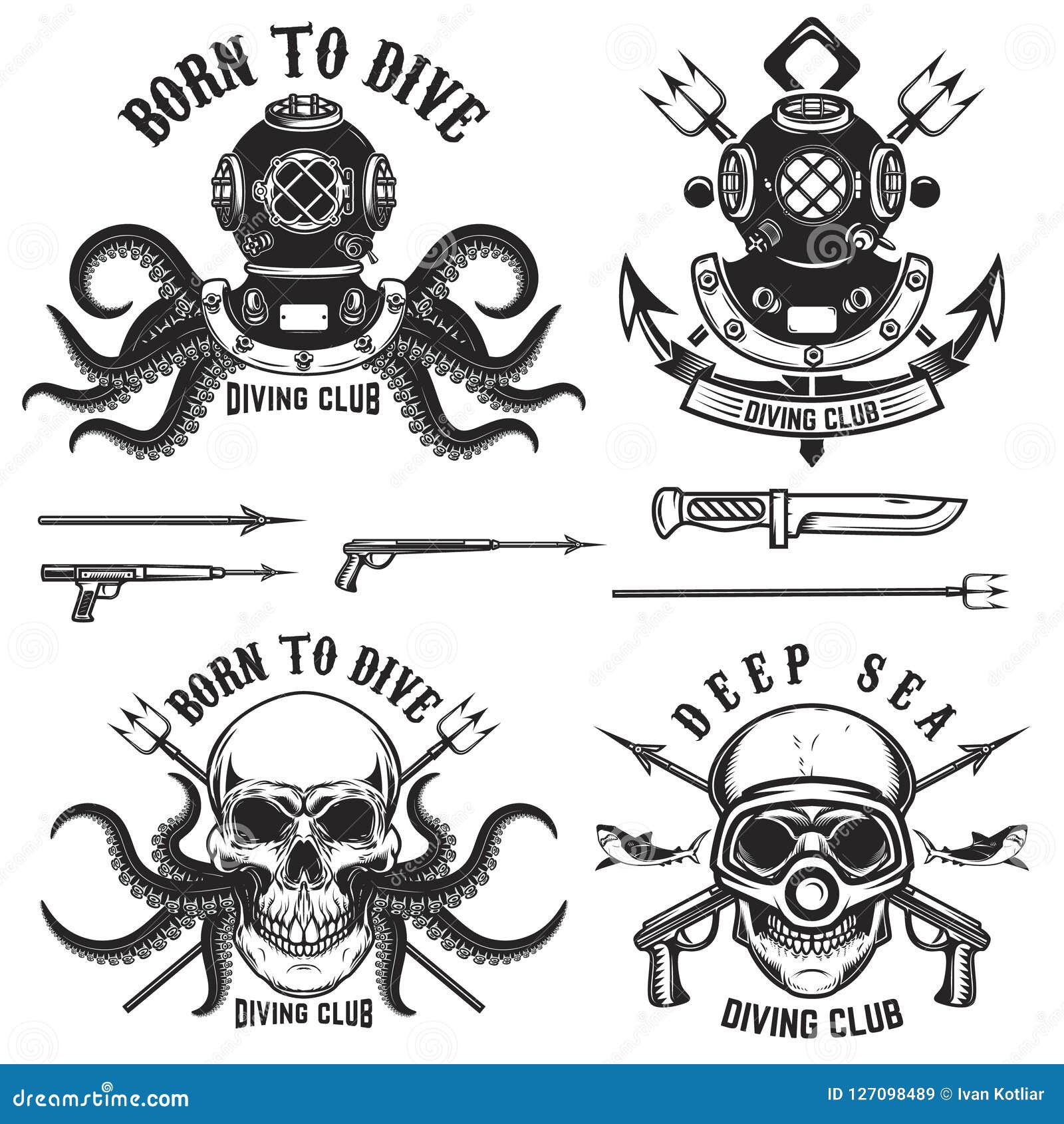 born to dive. set of vintage diver helmets, diver label templates and  s.  s for logo, label, emblem, s