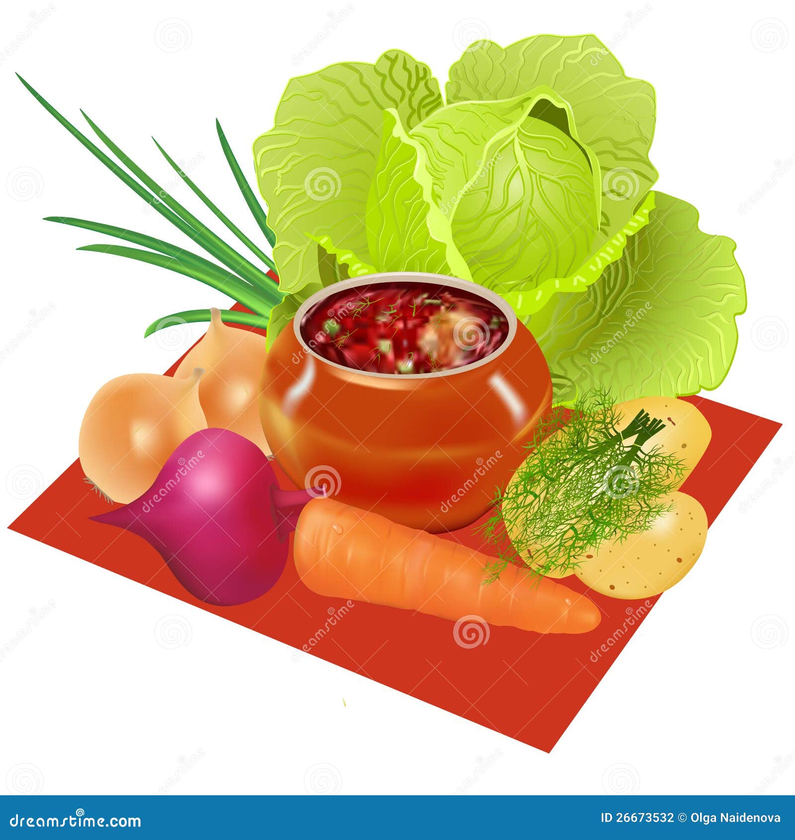 Borsch in POT ed in verdure per la preparazione. Borsch dell'illustrazione in POT ed in verdure per la preparazione