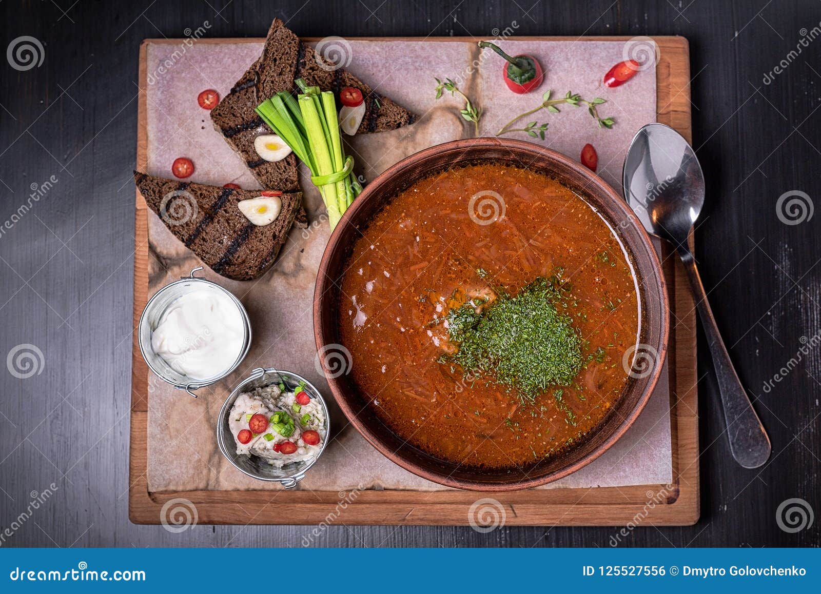 Borscht in a Brown Porcelain Dish with Bread Stock Photo - Image of ...