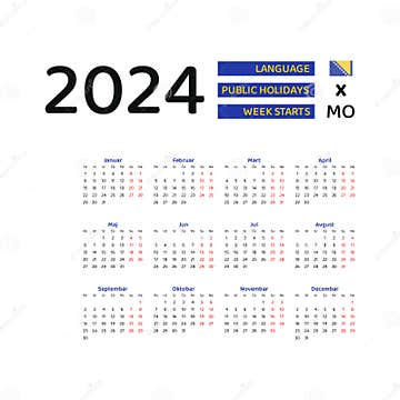 Bosnia and Herzegovina Calendar 2024. Week Starts from Monday. Vector