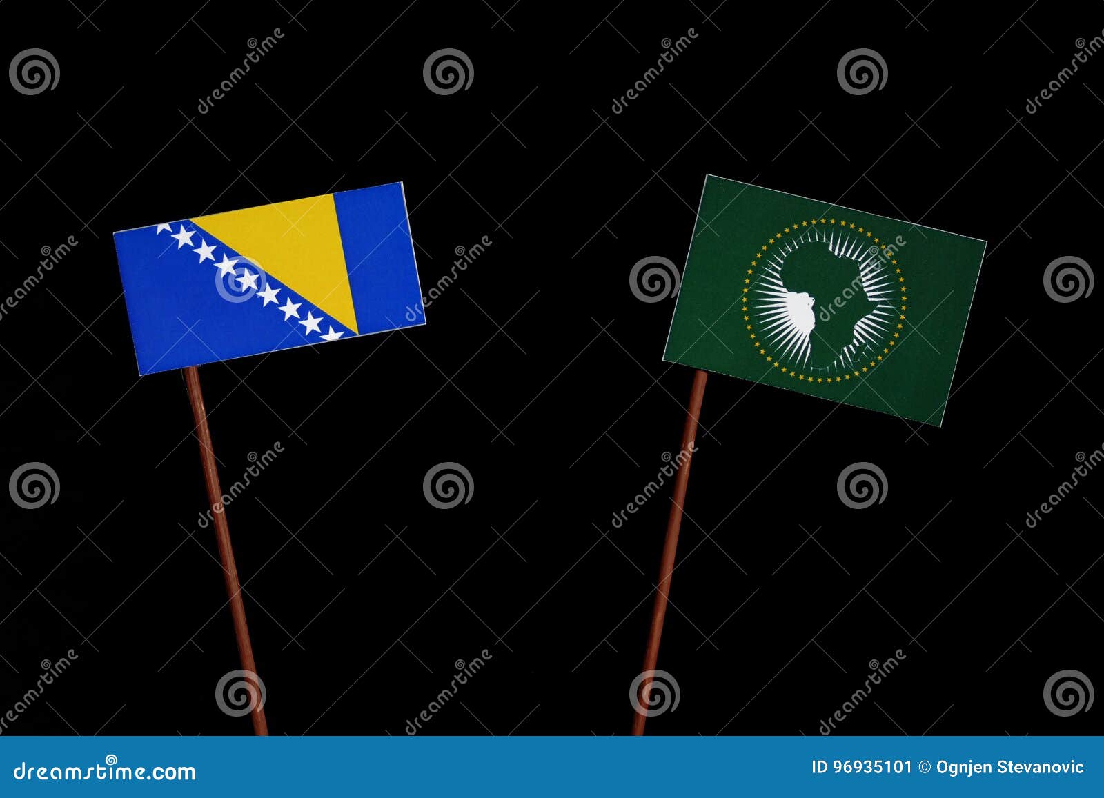 Bosnia and Herzegovina flag with African Union flag isolated on black background