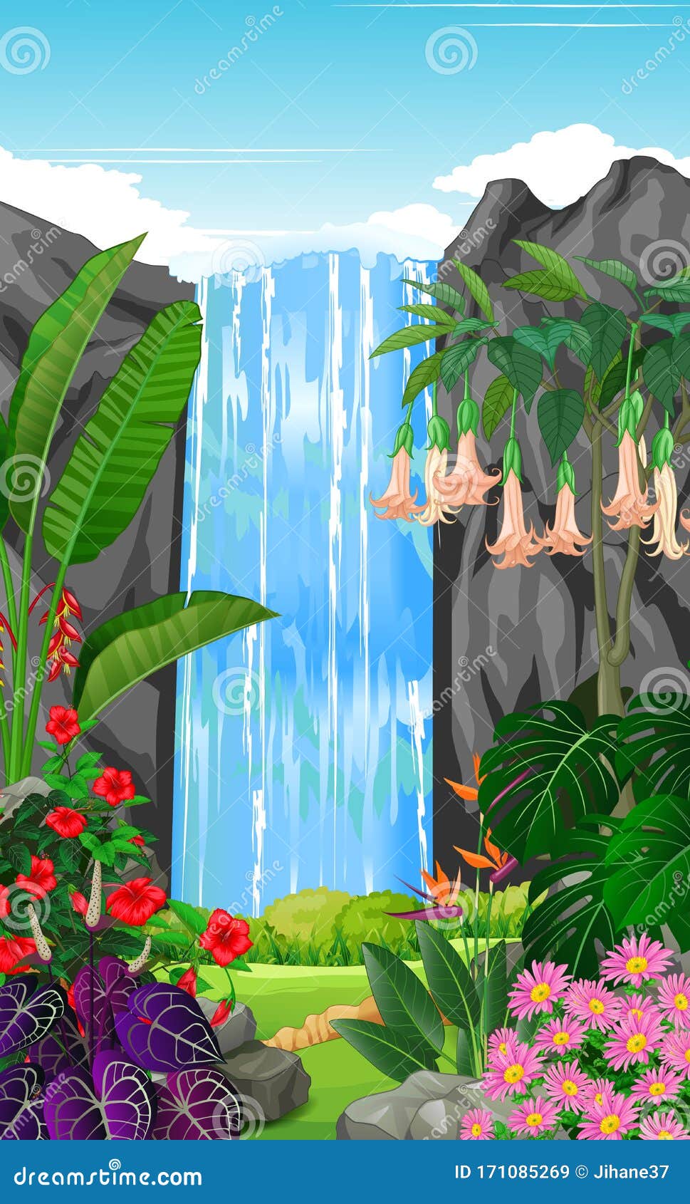 Bosque Tropical Con Cascada Y Caricatura De Flores De Marfil Ilustración  del Vector - Ilustración de cabritos, feliz: 171085269