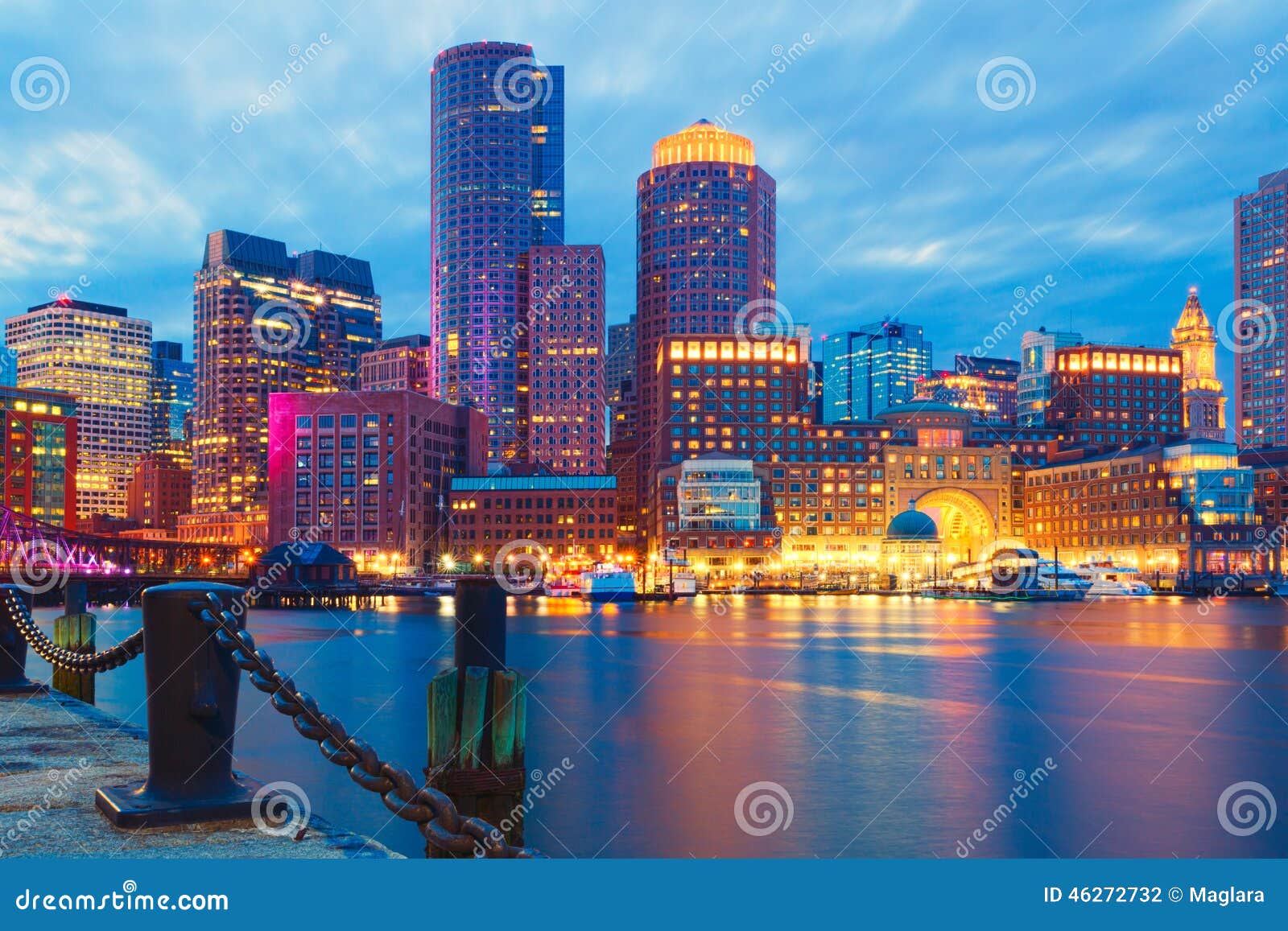 boston harbor and financial district at sunset. boston, massachusetts, usa