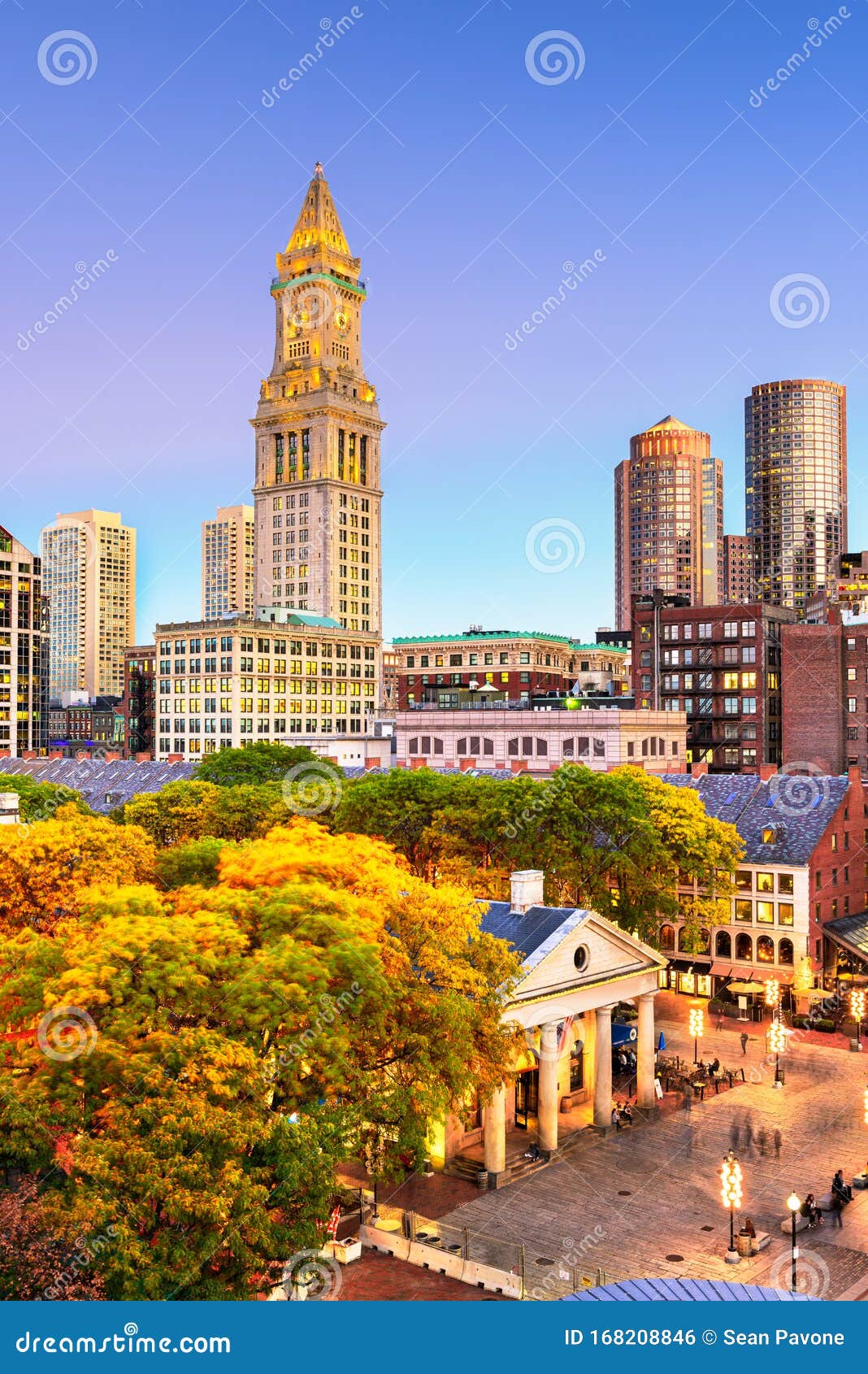 boston, massachusetts, usa skyline with faneuil hall and quincy market