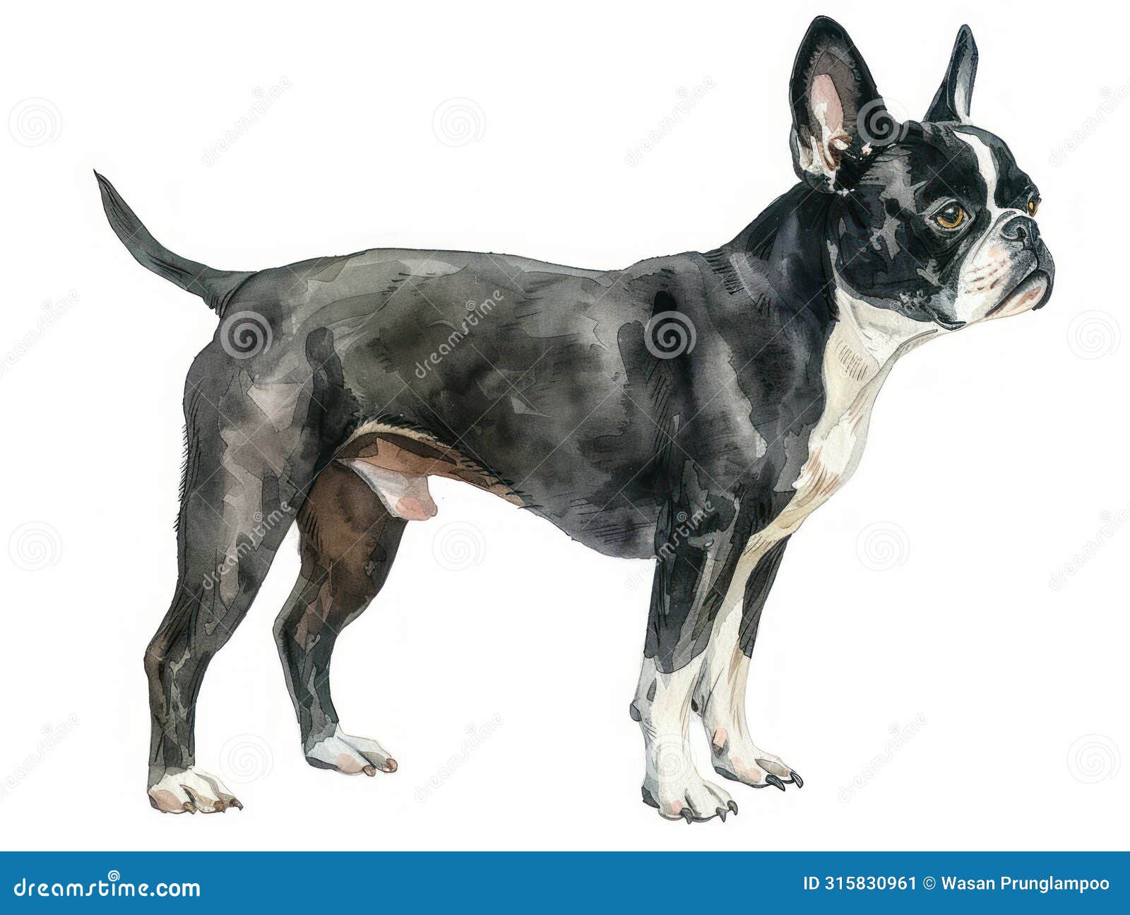 boston terrier watercolor  on white background