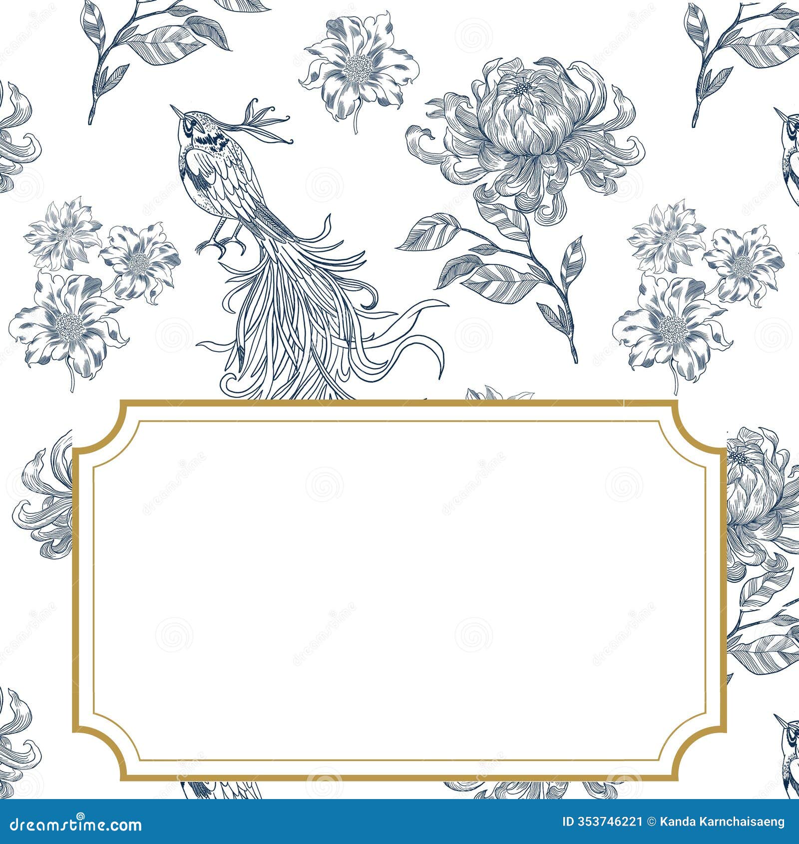 botanical blue wedding frame golden on white background. hand drawn flower, leaf branch in toile de jouy style