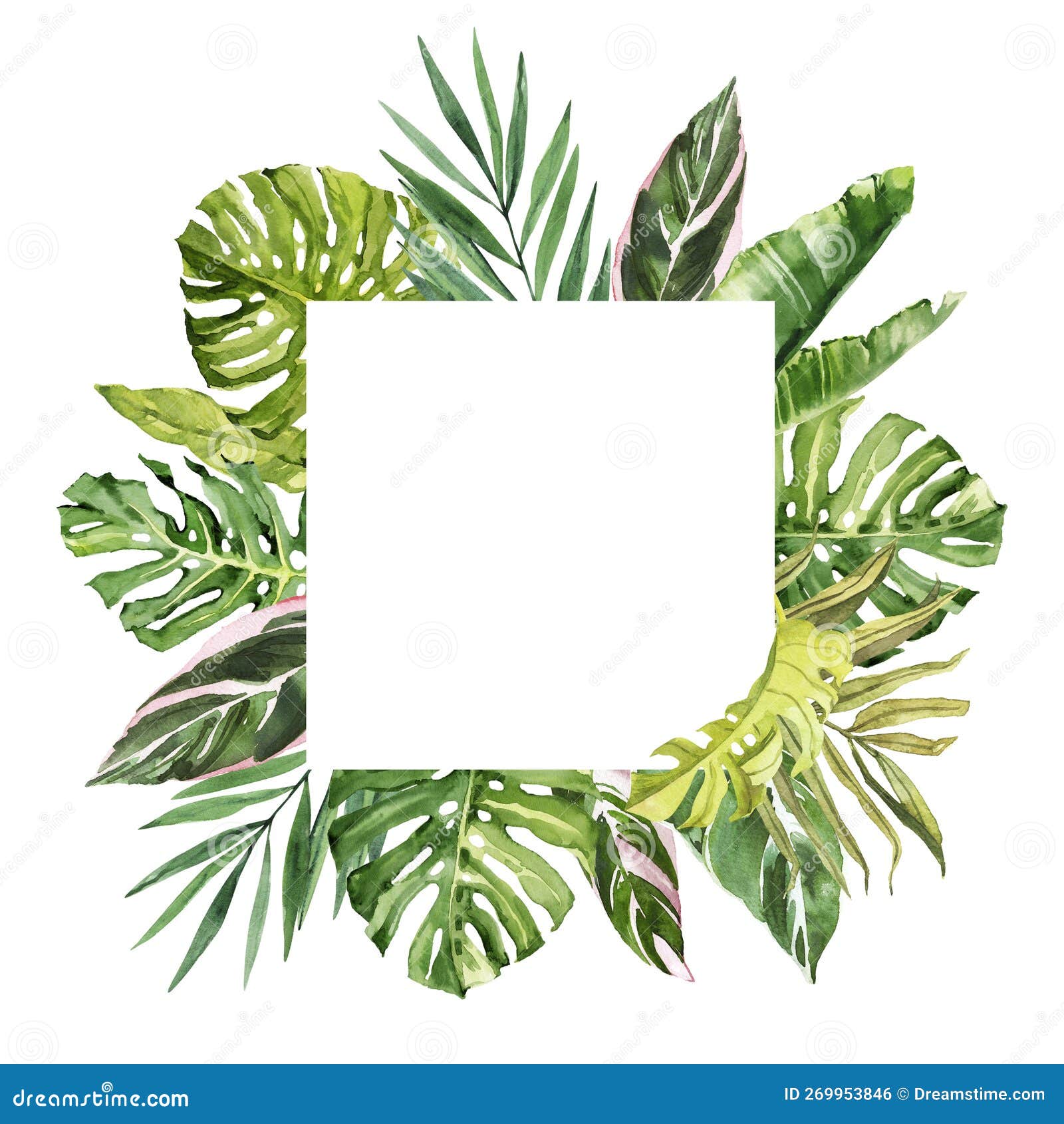 Watercolor Hand Drawn Rainforest Tropical Leaves Bouquet Frame Template ...