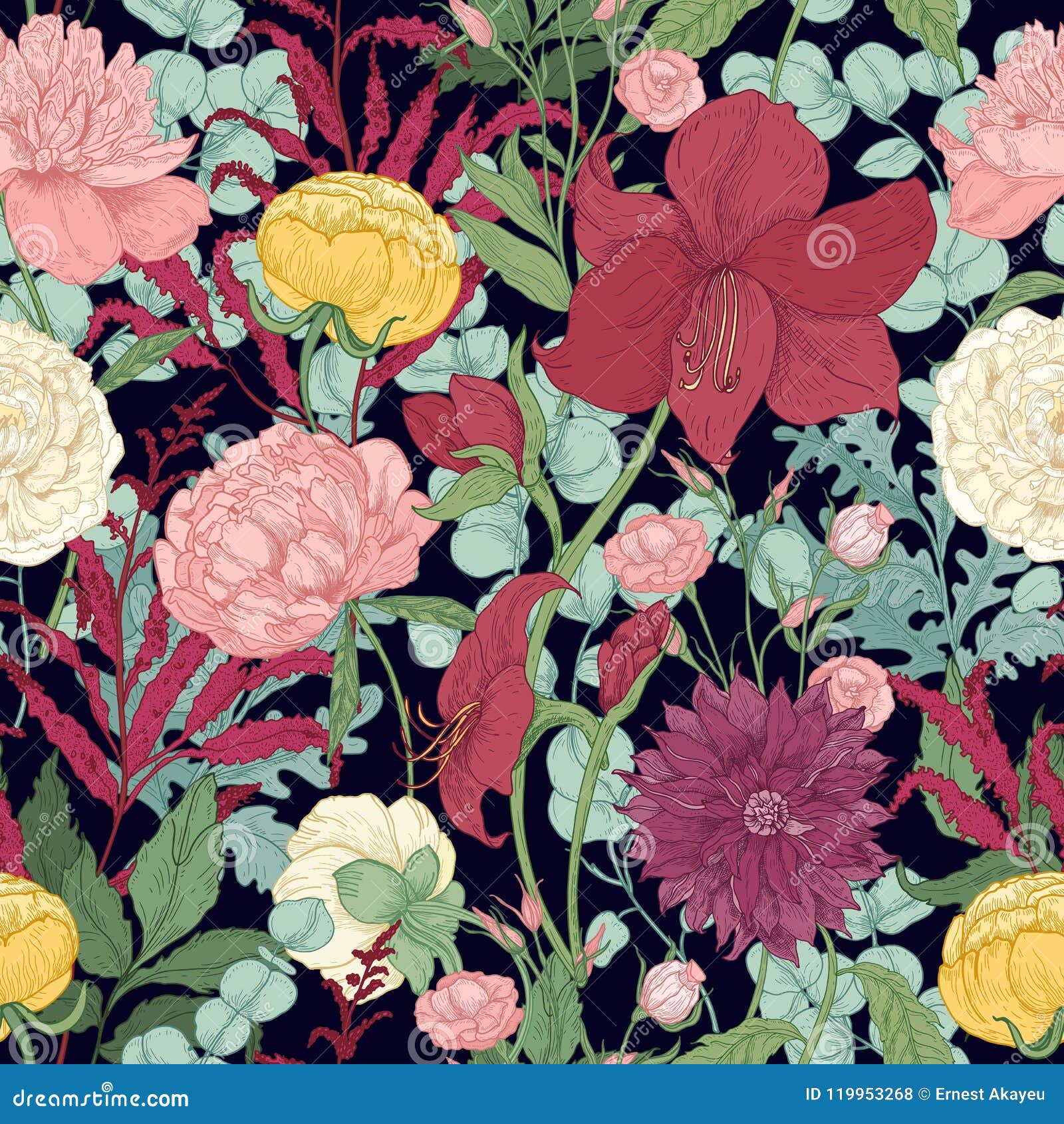 botanical seamless pattern with gorgeous garden and wild floristic flowers and flowering herbs on black background