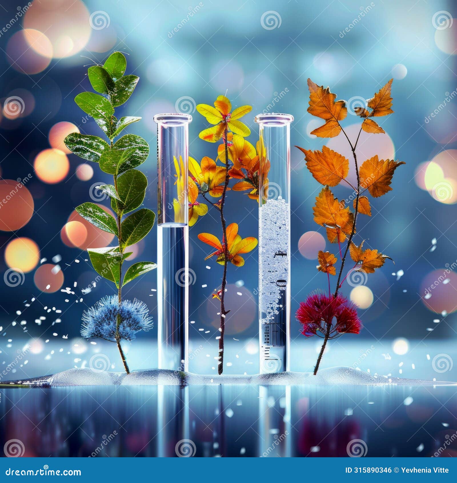 botanical specimens in test tubes with magical bokeh background. generative ai