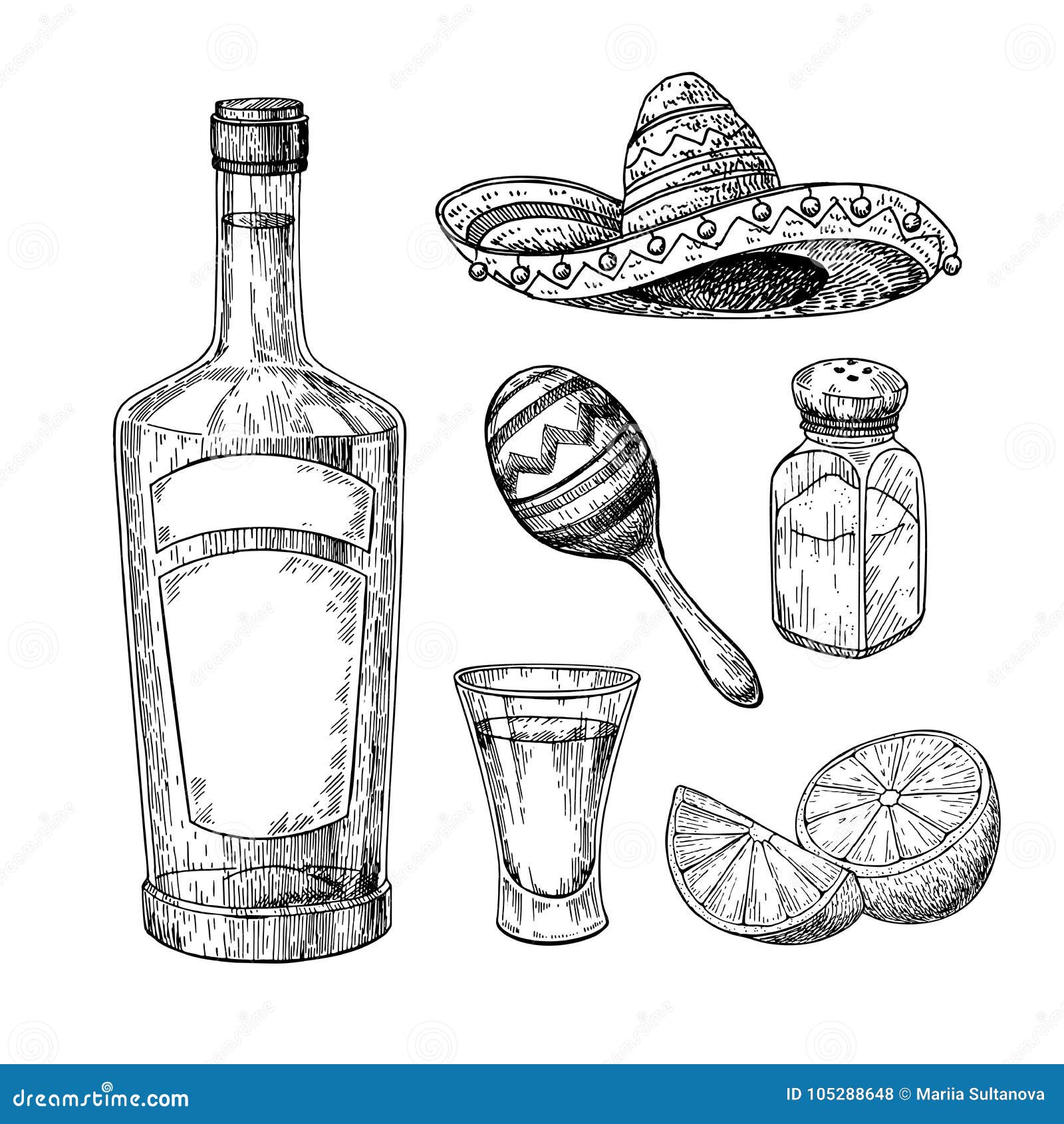 Botella Del Tequila, Coctelera De Sal Y Vaso De Medida Con La Cal Dibujo  Mexicano Del Vector De La Bebida Del Alcohol Ilustración del Vector -  Ilustración de contorno, conjunto: 105288648