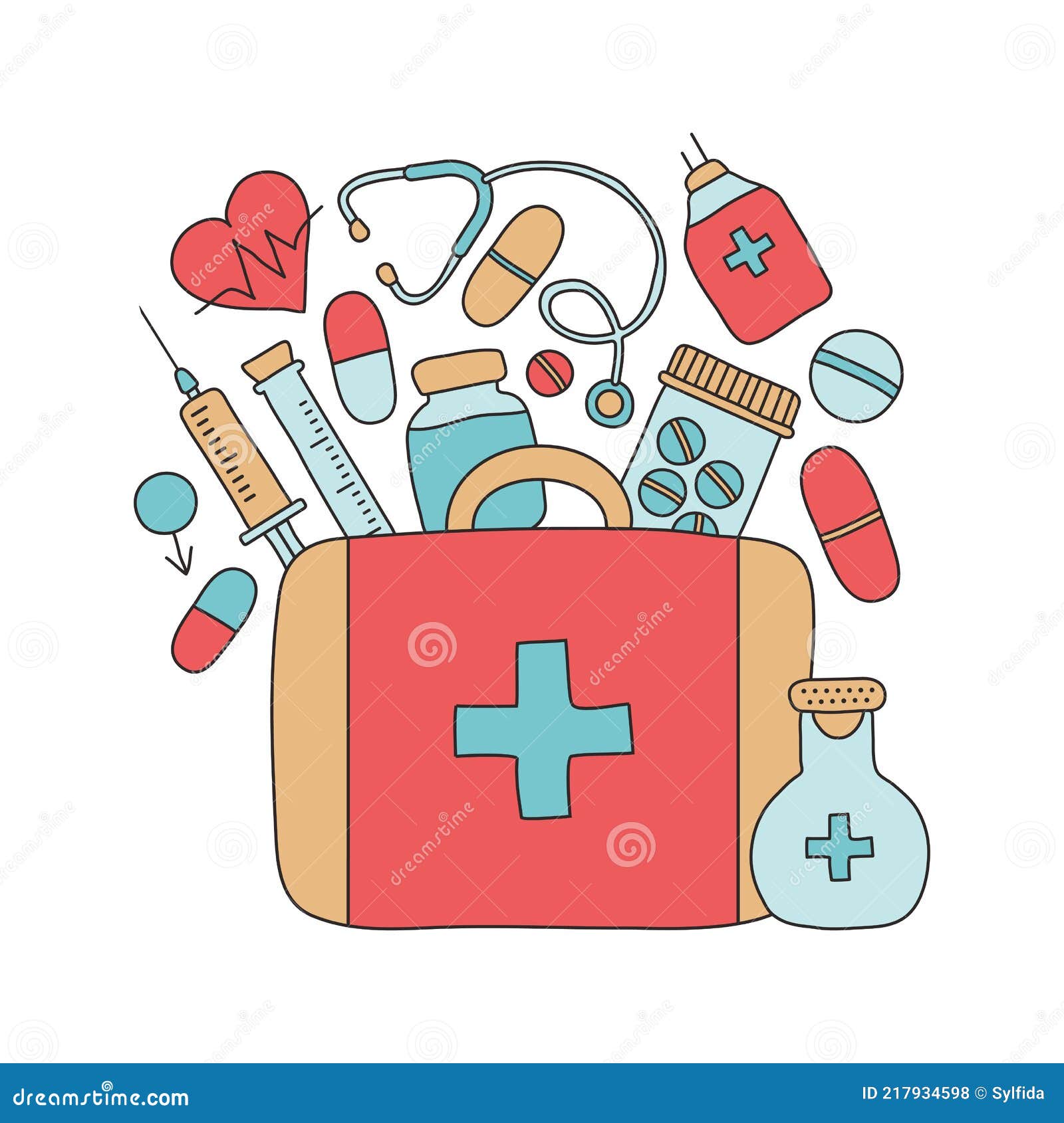 botiquín de primeros auxilios con diferentes pastillas y termómetro,  atención médica. ilustración vectorial en estilo de dibujos animados  6685338 Vector en Vecteezy