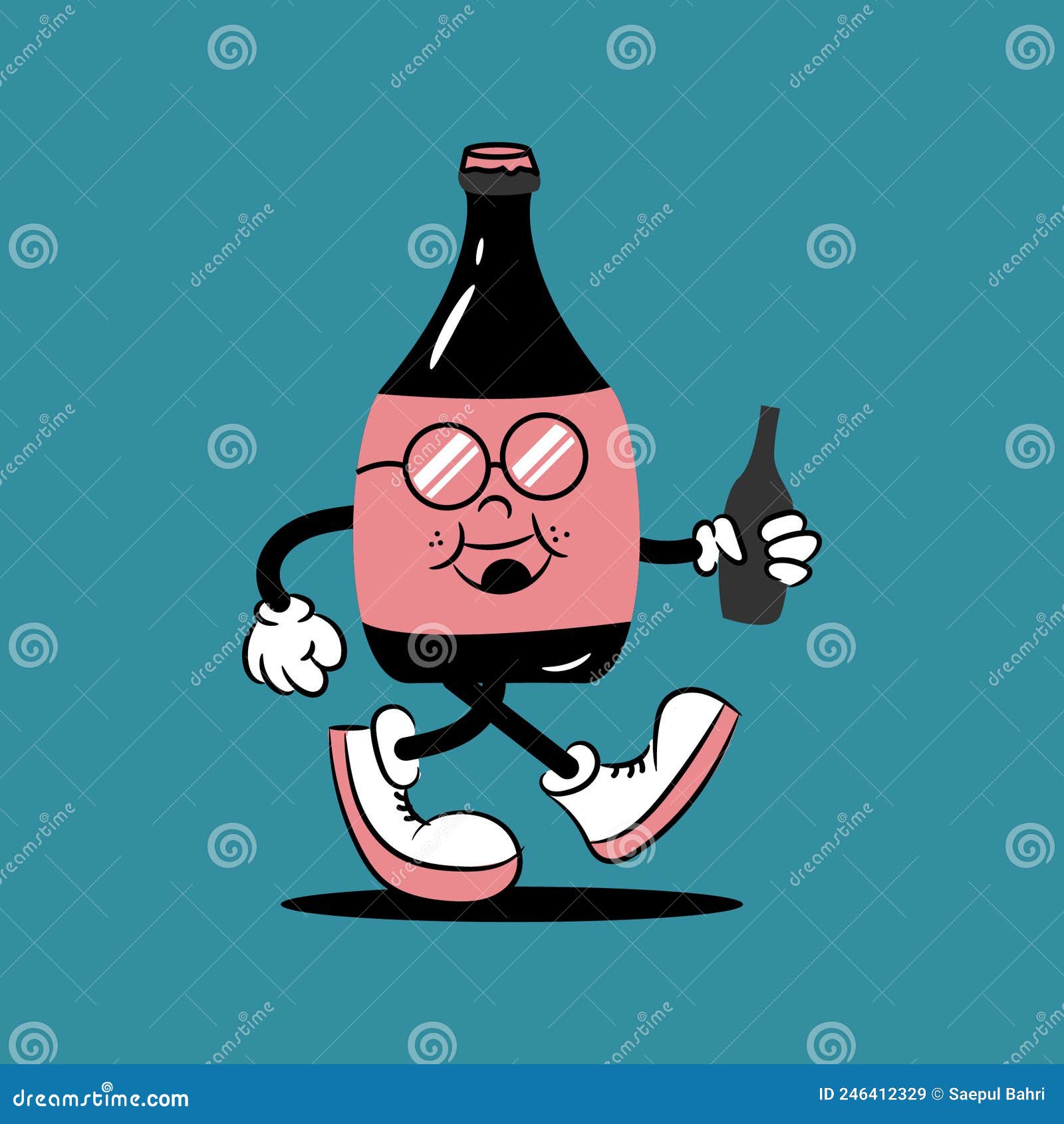 Wine Bottle and Glass Retro Cartoon Style Stock Vector Illustration of vine, symbol 246412329