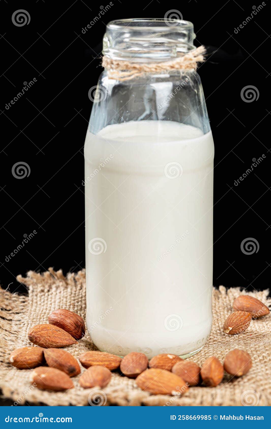 Bottle of Almonds Milk with Almonds on Burlap Stock Image Image of