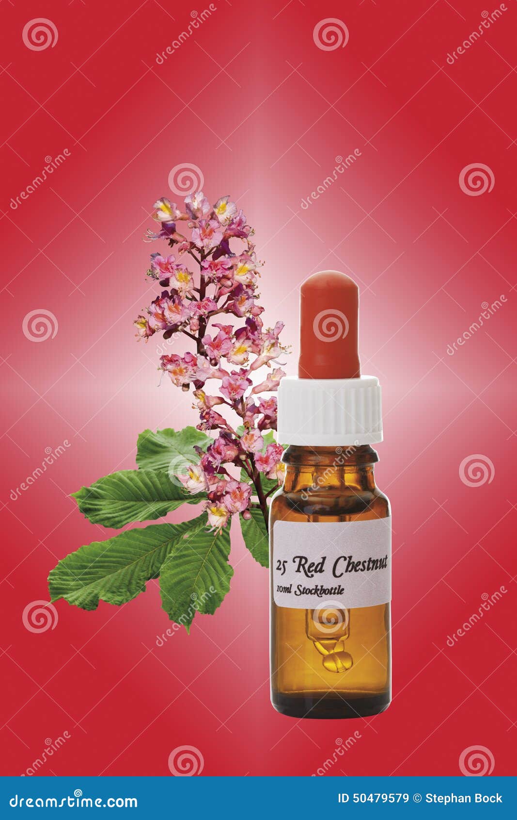 bottle with bach flower stock remedy, red chestnut (aesculus carnea)