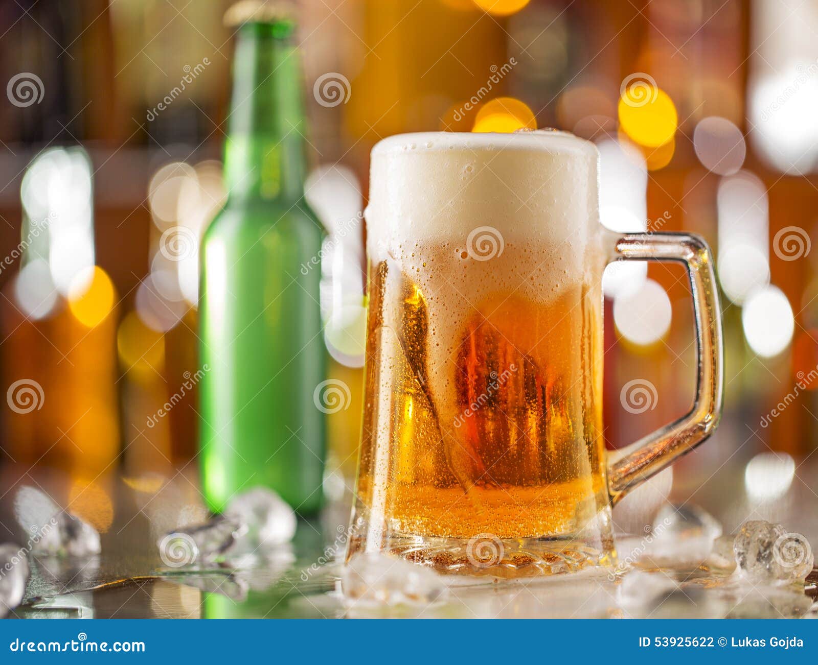 Bottle of Beer with Glass on Bar Desk Stock Photo Image of background