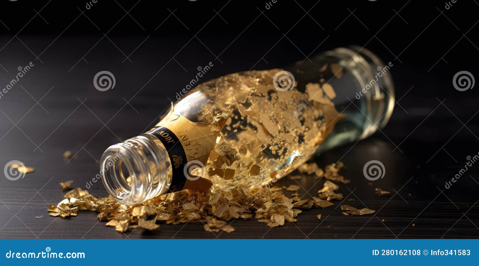 Bottle of Champagne with Gold Flakes Inside Two Generative AI Stock