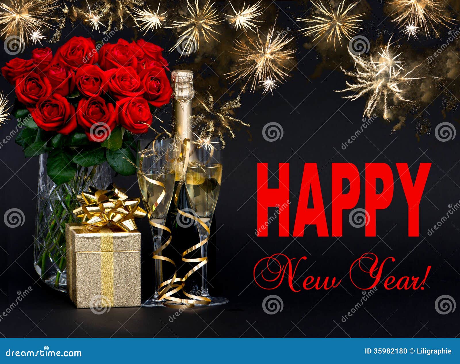 Happy New Year card concept red roses bottle of champagne golden t with beautiful golden fireworks on black background