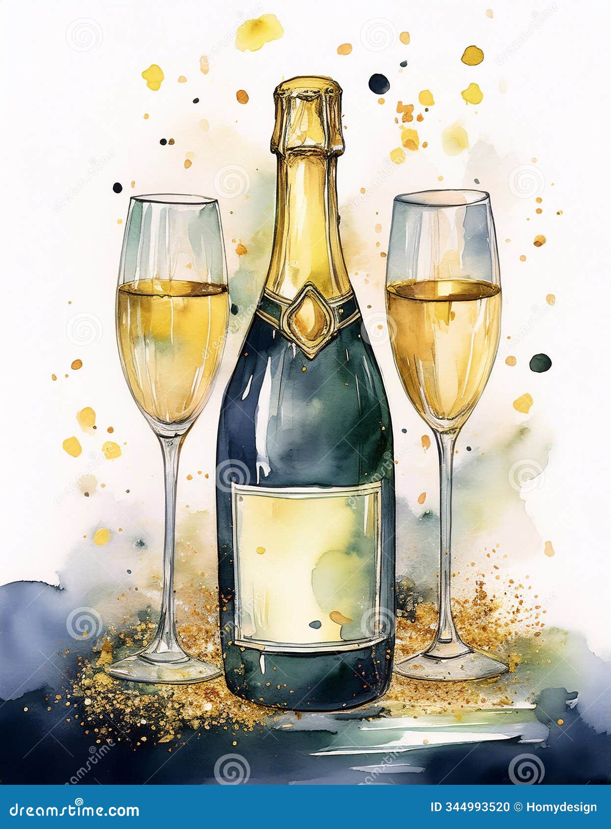 a bottle of champagne with two glasses, surrounded by festive sparkles