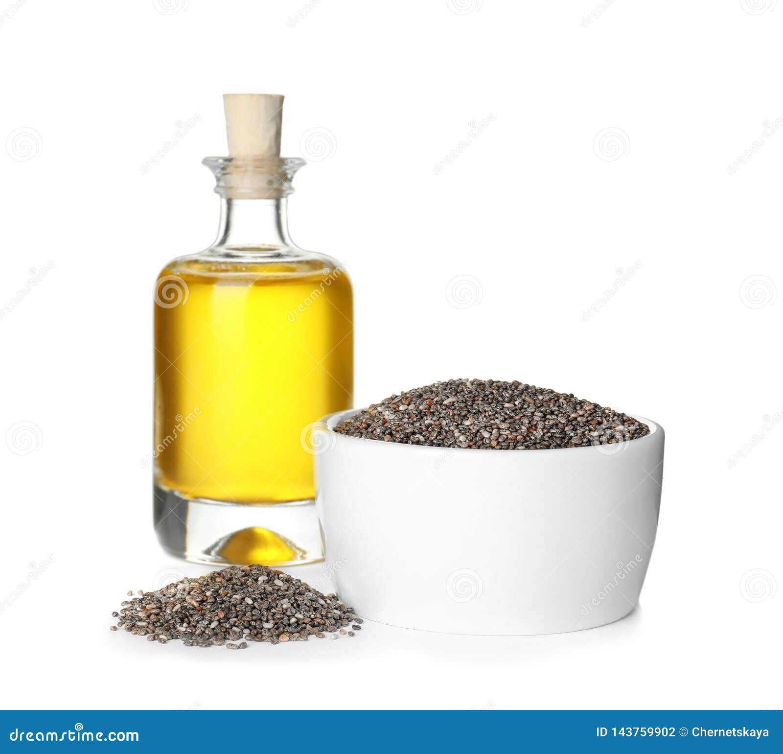 Bottle of Chia Oil, Bowl and Seeds on White Stock Photo - Image of ...