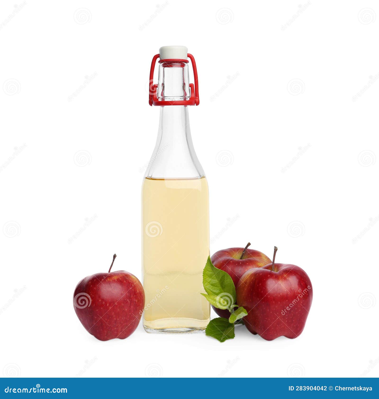 Bottle of Delicious Cider and Red Apples Isolated on White Stock Photo