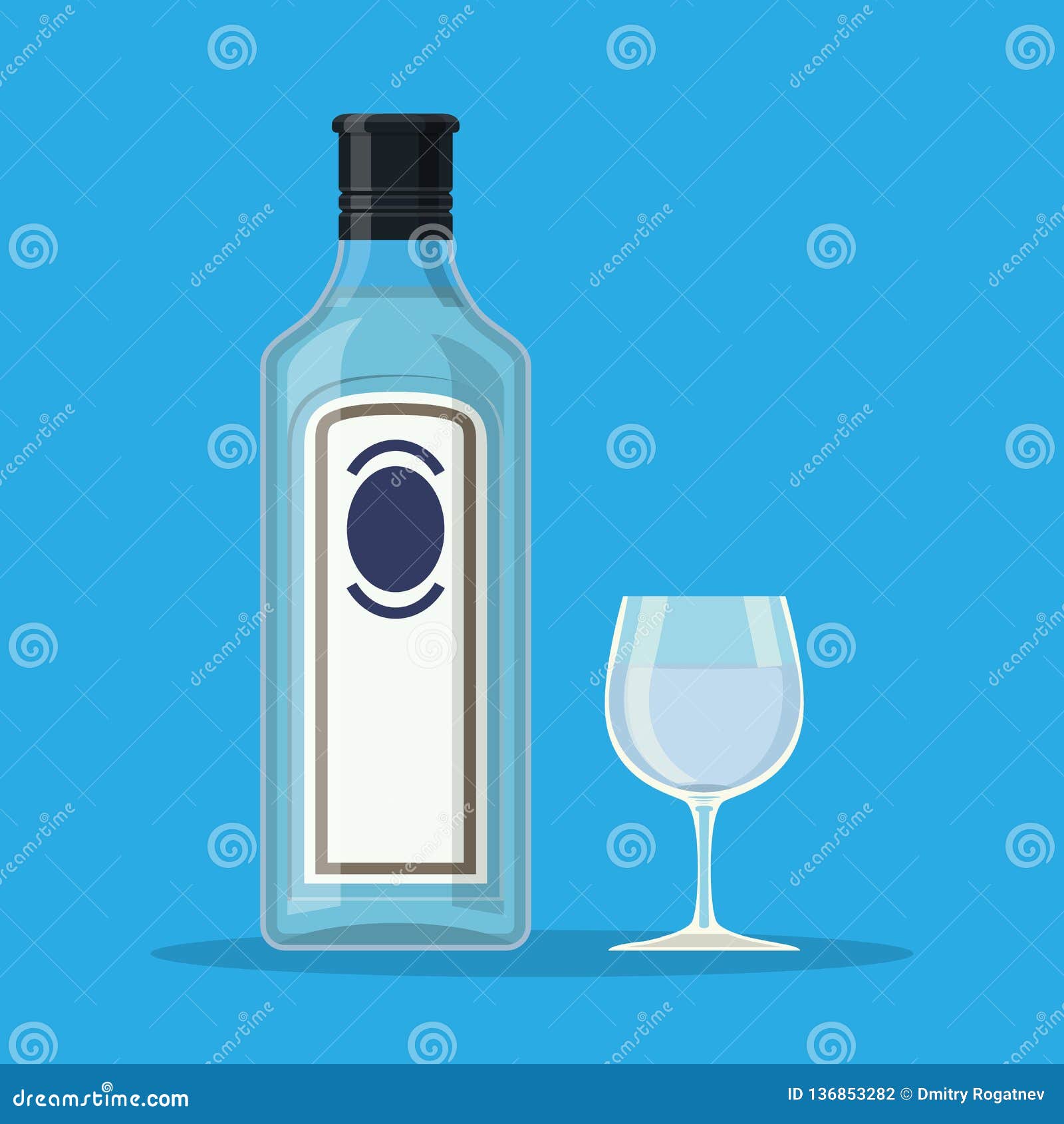 Bottle of Gin with Shot Glass. Stock Vector Illustration of