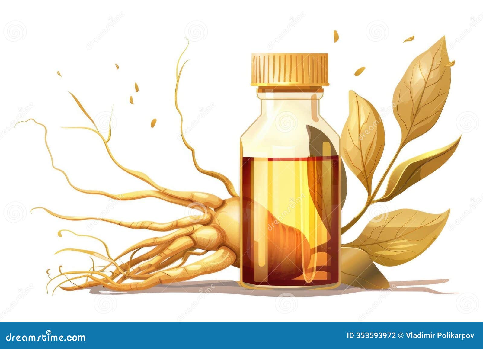 a bottle of gingle root oil next to some leaves. suitable for alternative medicine concept