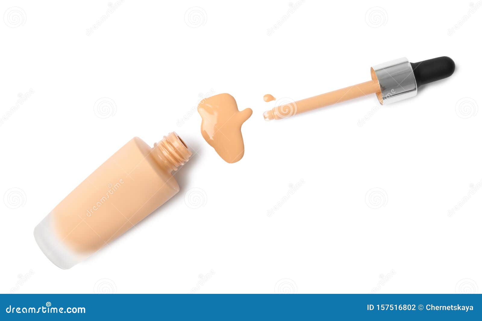 Bottle of Liquid Foundation and Dropper on White Background Stock Photo
