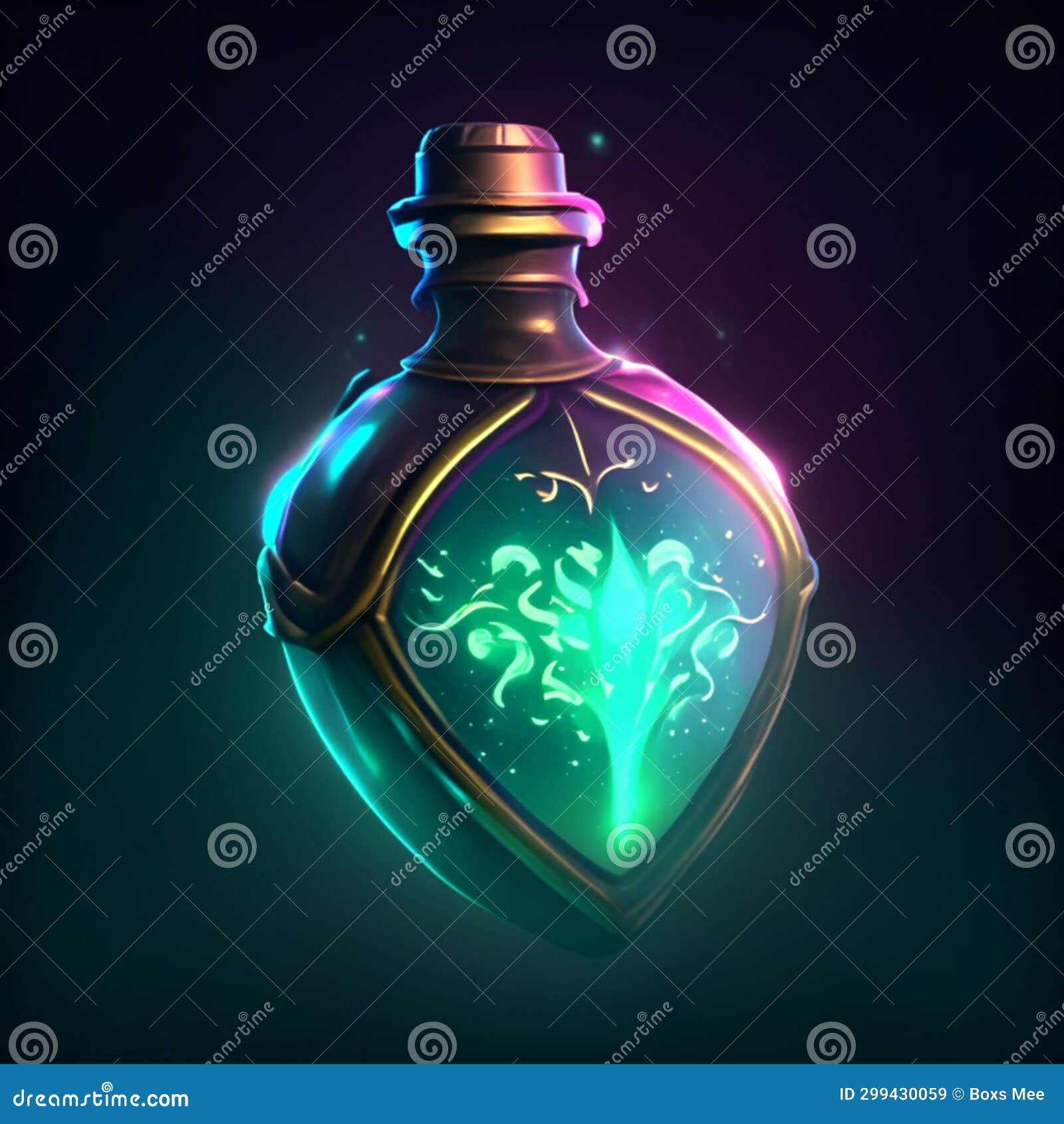 Bottle with Magic Elixir. Vector Illustration in Neon Style Stock