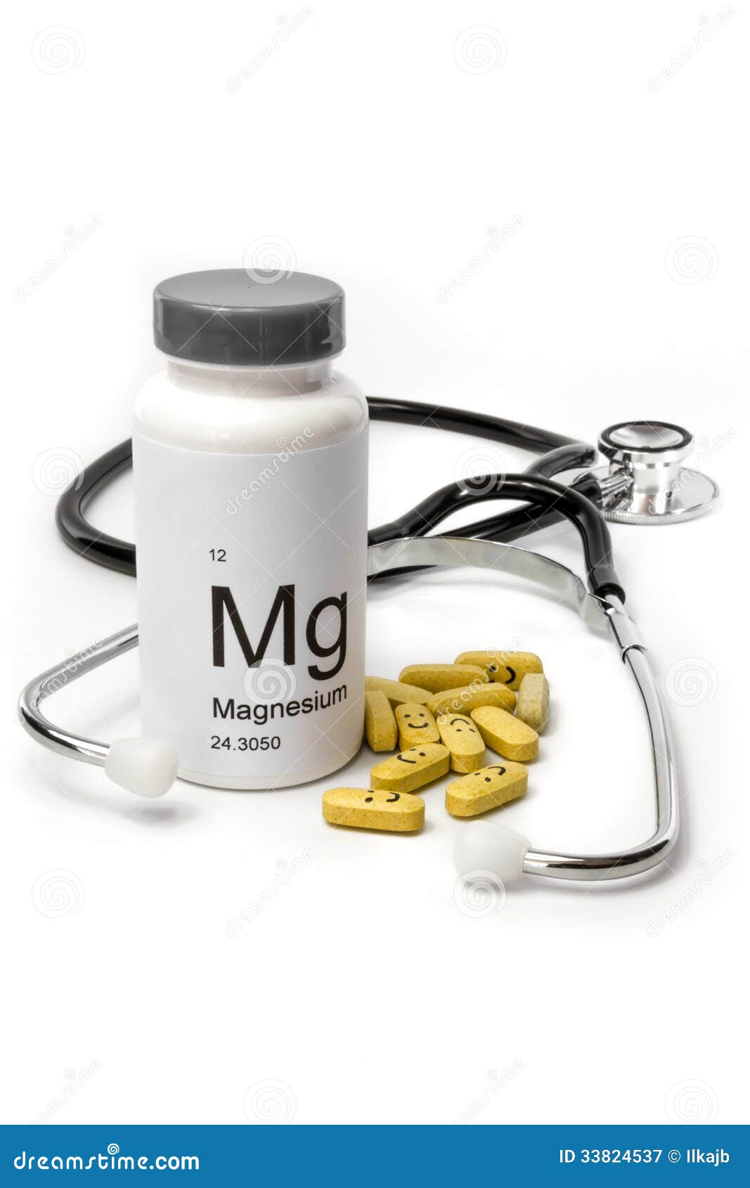 bottle of magnesium vitamins with stethoscope
