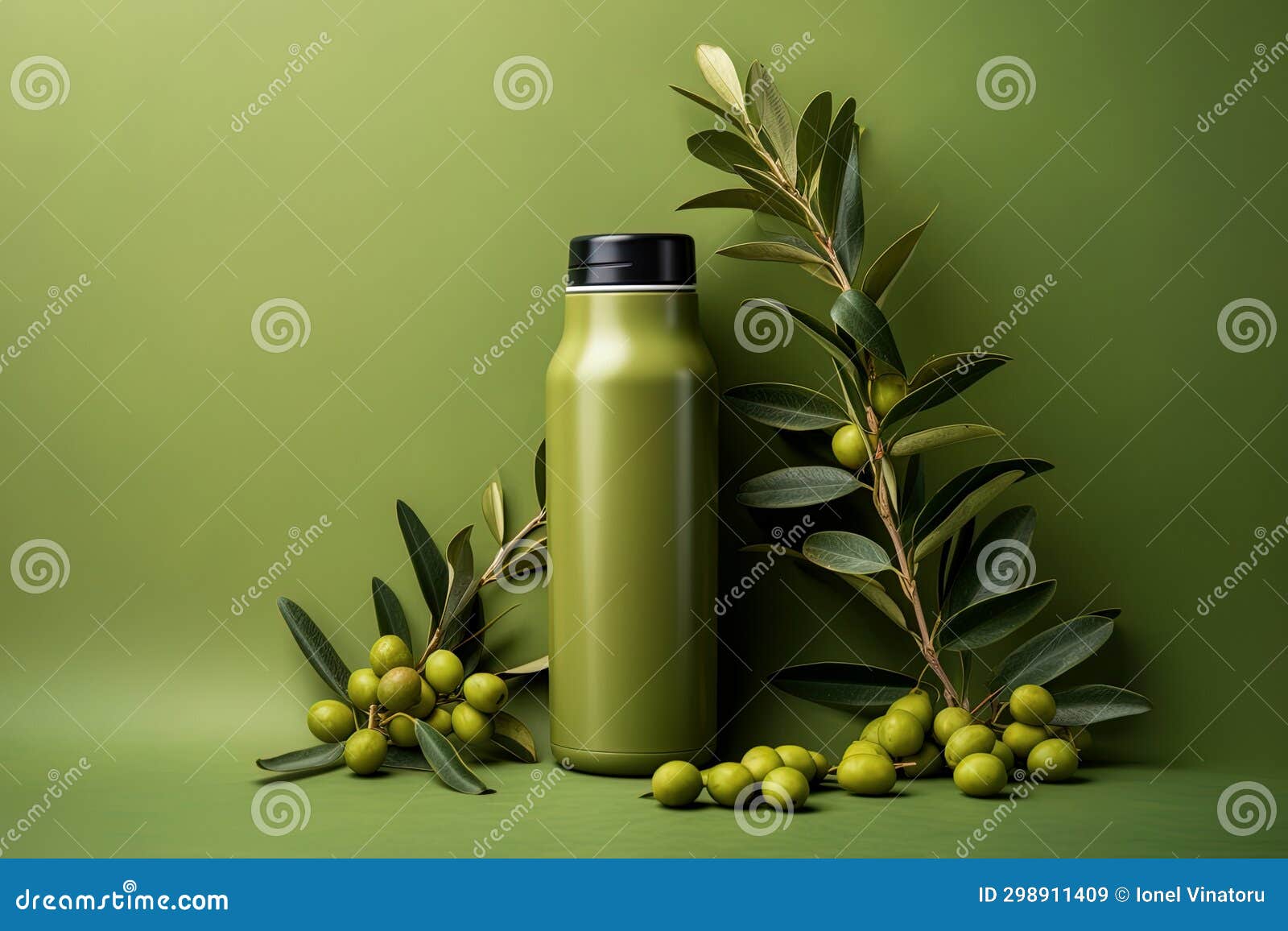 Bottle Mock Up without Label, Green Olives and Olive Branches, Empty